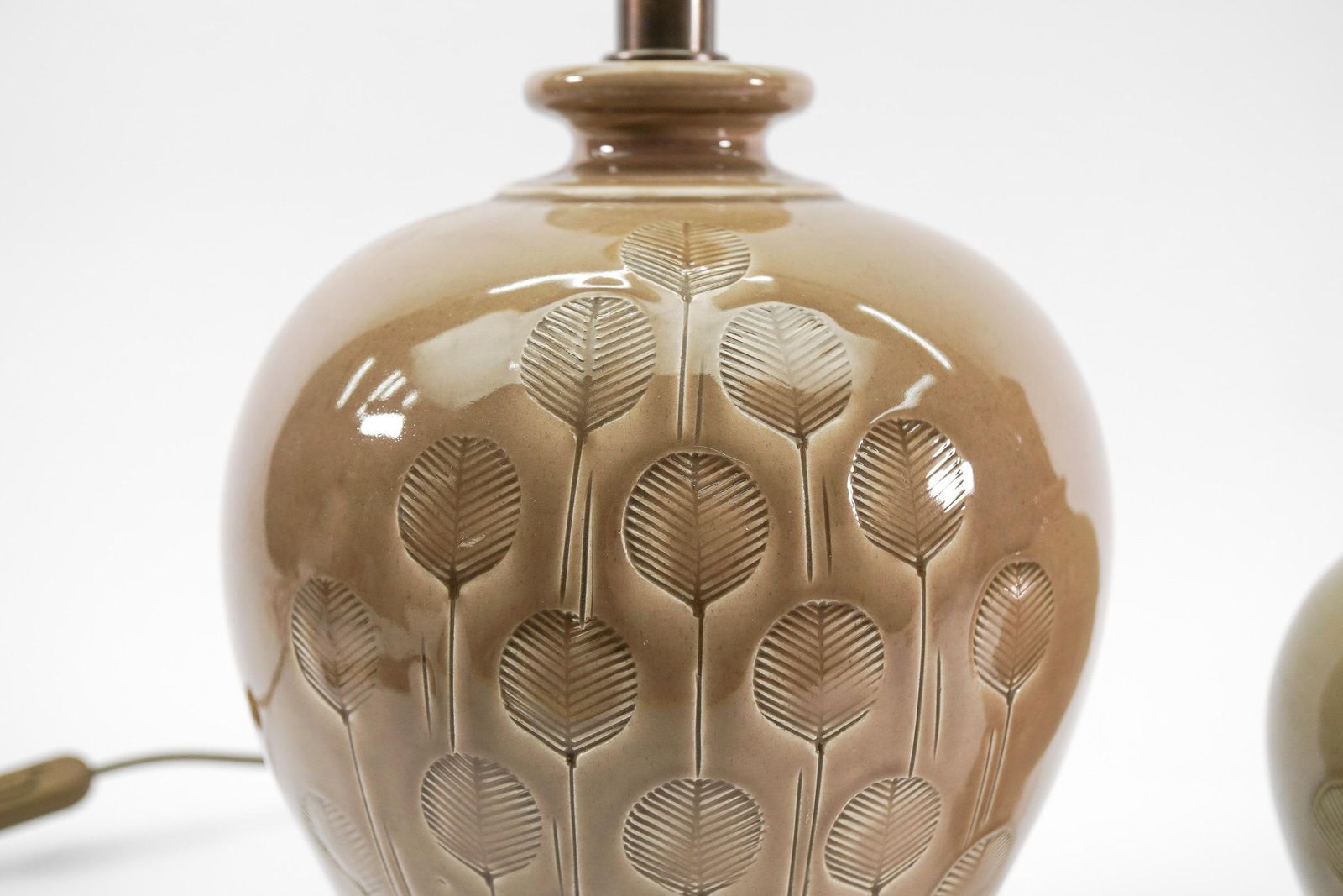 Lighting Two Scandinavian Ceramic Table Lamps With Great Leaf Pattern, 1960s photo