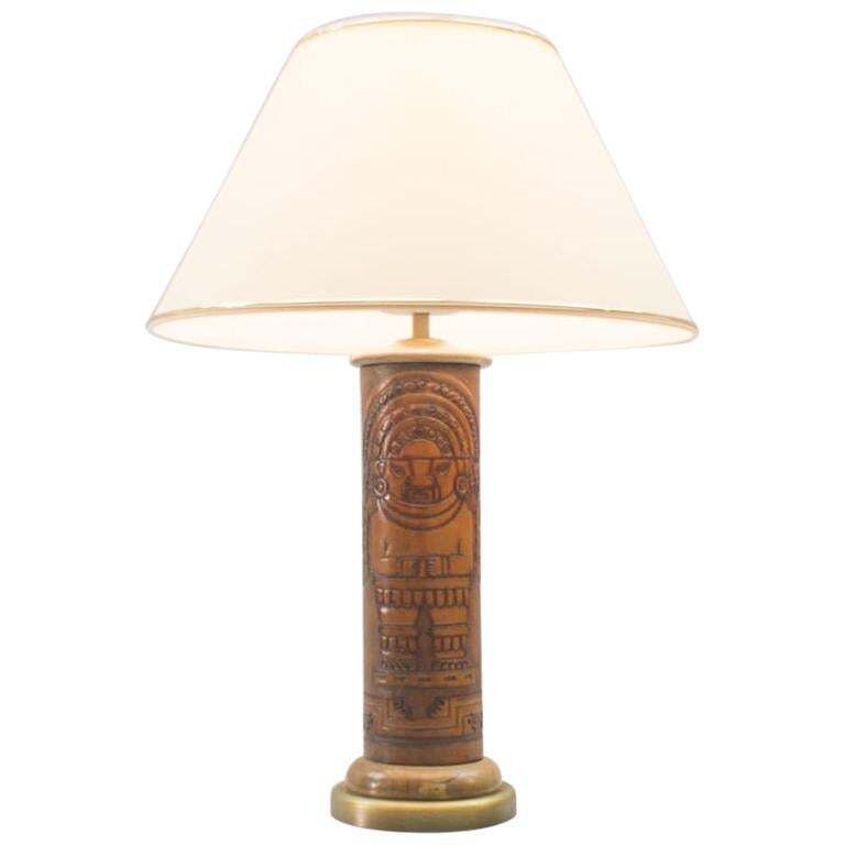 Rare Handcrafted Leather Table Lamp With Maja Motiv By Kaiser Leuchten, 1960s