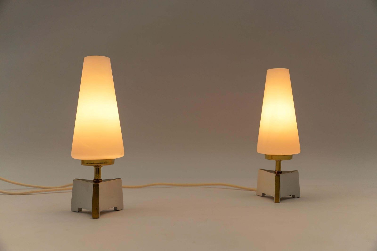 Petite Mid Century Modern Massive Brass And Opaline Glass Table Lamps, 1950s photo for sale