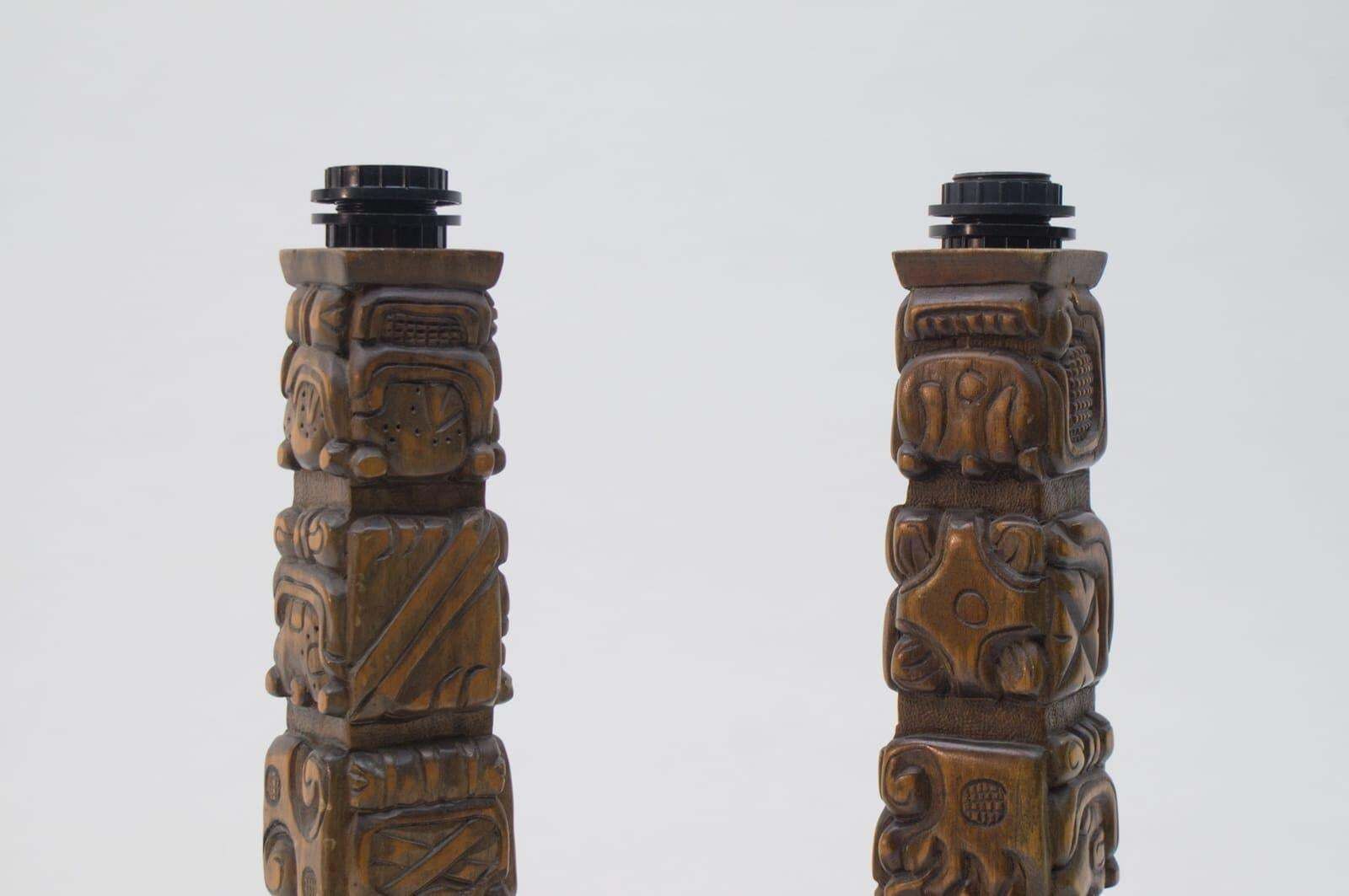 Pair Of Rare Hand Carved Wooden Table Lamps From Temde, Switzerland, 1960s photo vinterior