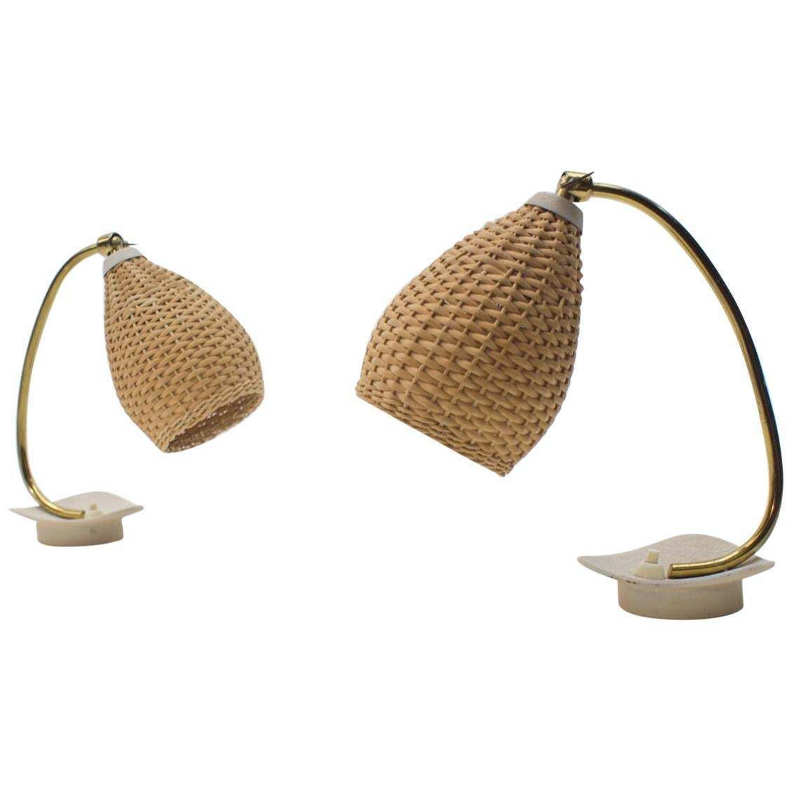 Pair Of Lovely Brass And Wicker Table Lamps From The 1950s, Austria
