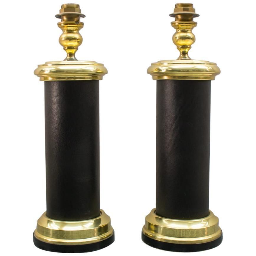 Pair Large Italian Table Lamps In Gold And Leather, Italy, 1960s