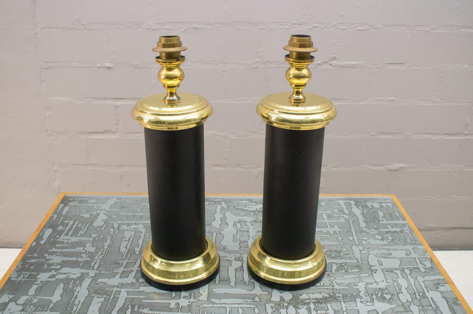 Pair Large Italian Table Lamps In Gold And Leather, Italy, 1960s photo furniture