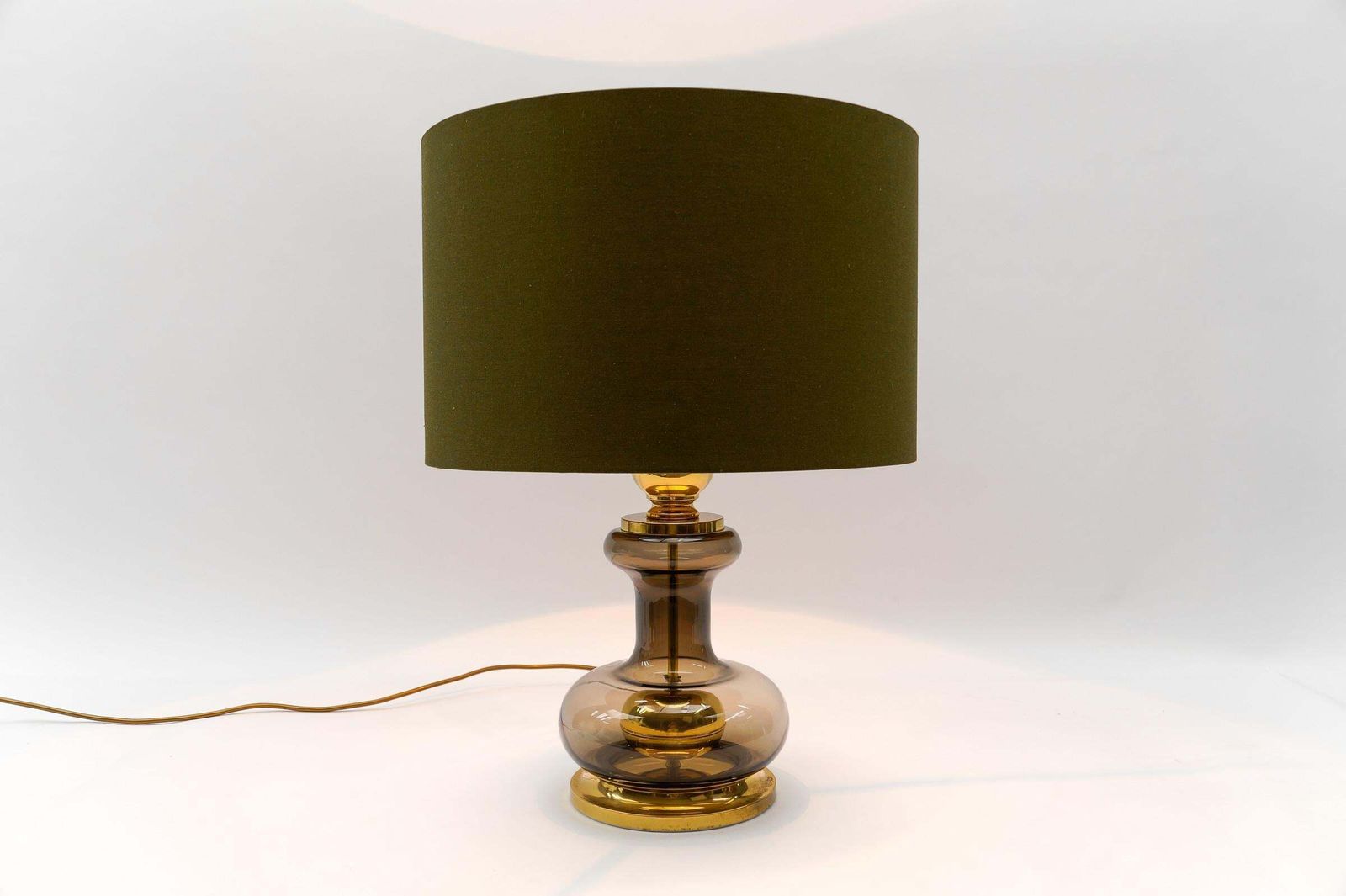 Pair Of Mid Century Modern Brass Smoked Glass Table Lamp Bases, 1960s photo Lighting