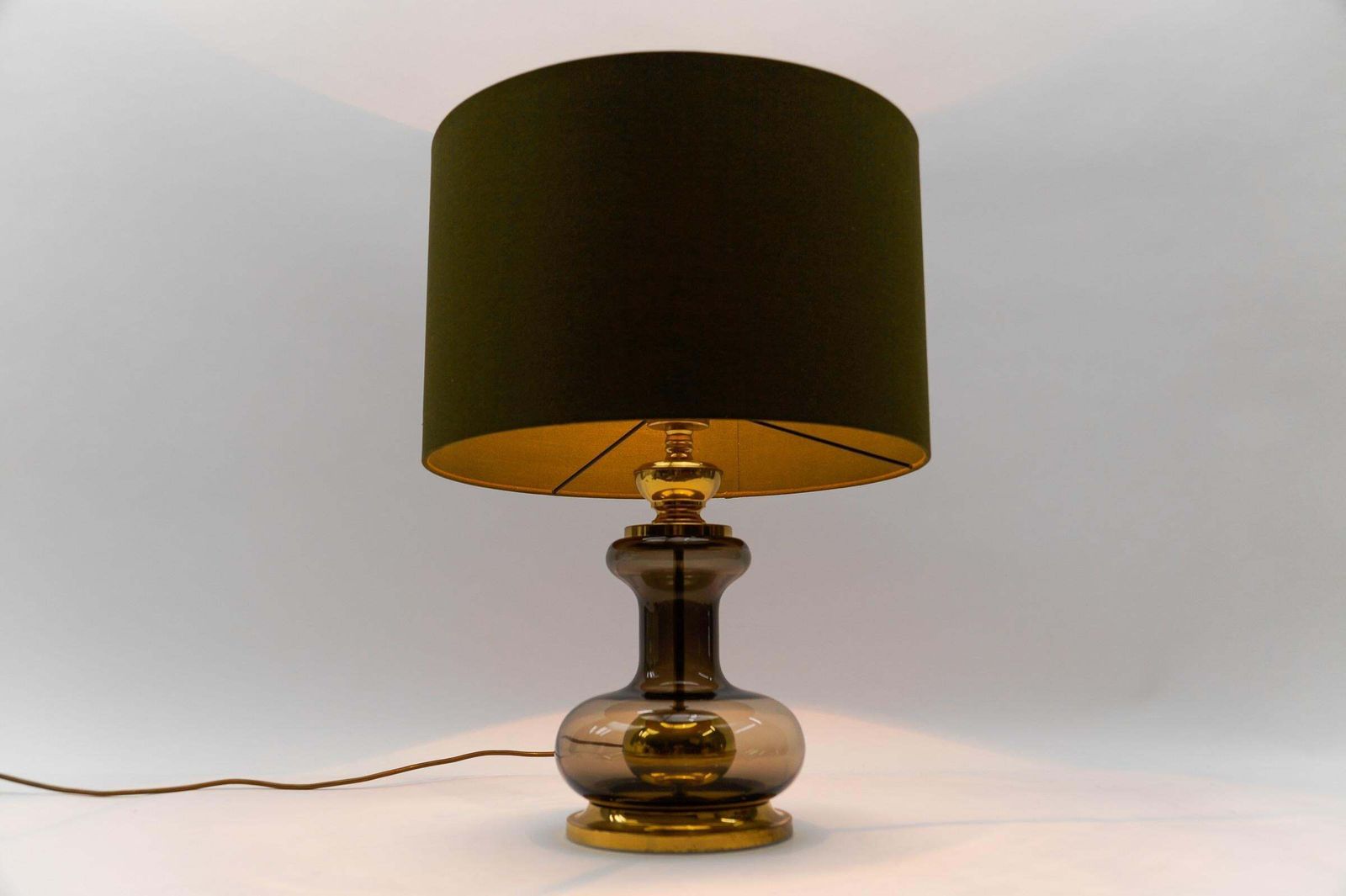 Pair Of Mid Century Modern Brass Smoked Glass Table Lamp Bases, 1960s photo vinterior