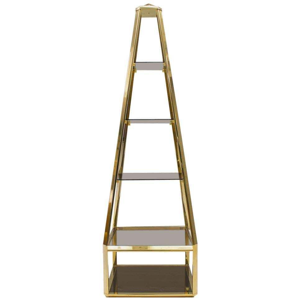 Hollywood Regency Pyramid Shelf In Gold And Smoked Glass, France 1960s