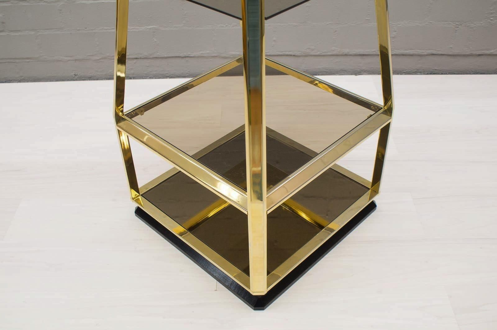 Hollywood Regency Pyramid Shelf In Gold And Smoked Glass, France 1960s photo vinterior
