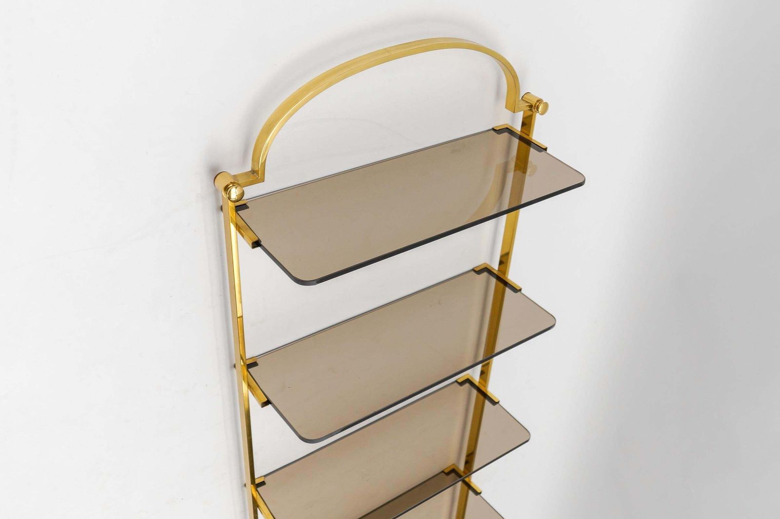 Golden Wall Shelf With Six Smoked Glass Shelves, Italy, 1960s photo vinterior