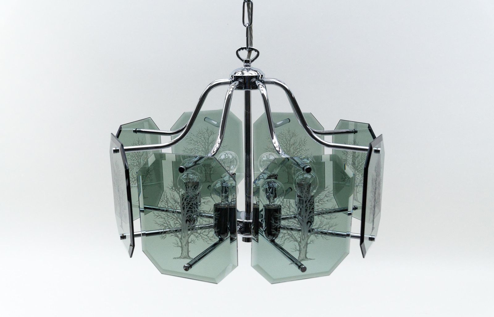 Chandelier In Chrome With 8 Cut Glass Panes With Tree Of Life Motif, 1960s photo for sale