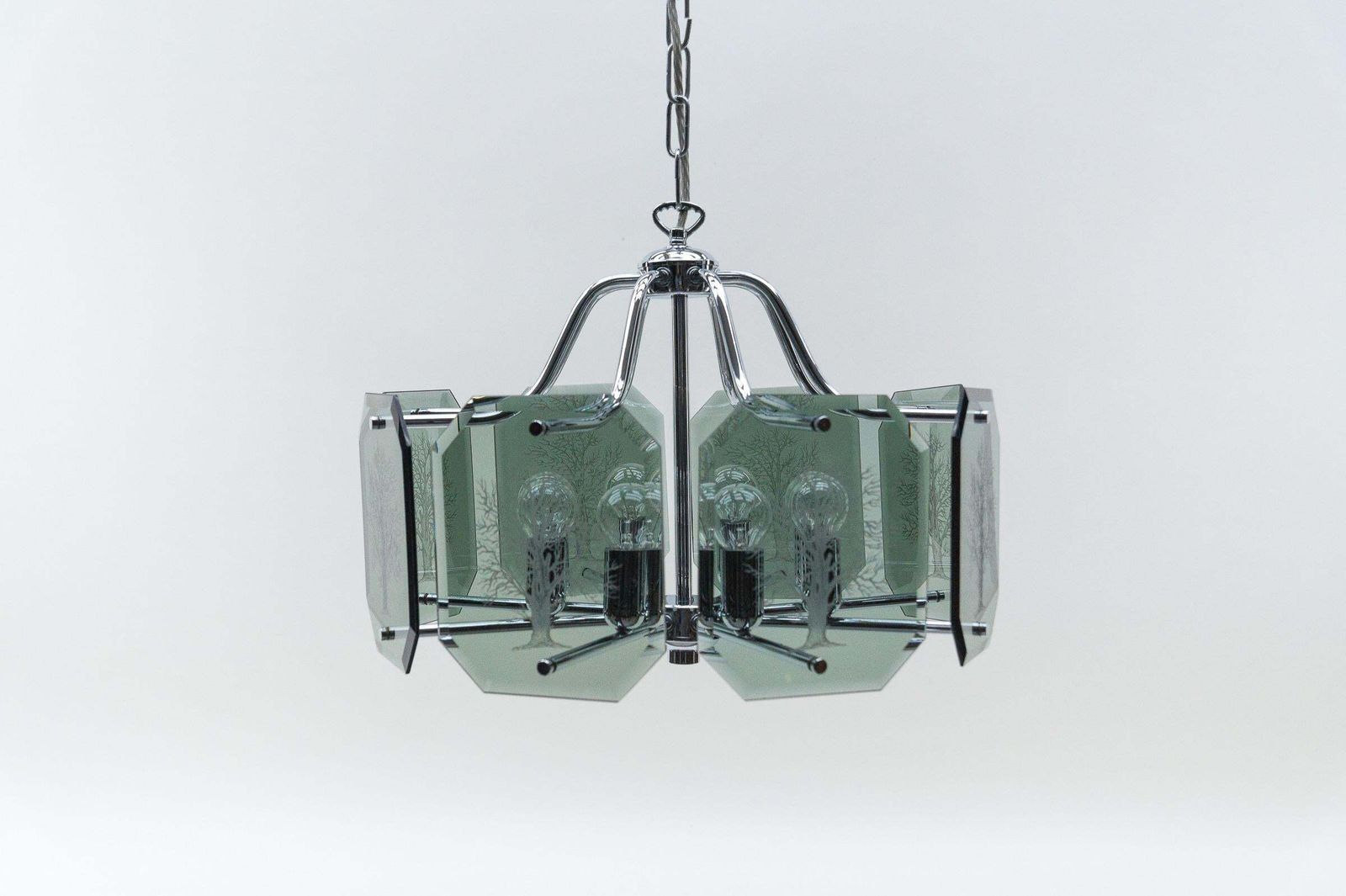 Chandelier In Chrome With 8 Cut Glass Panes With Tree Of Life Motif, 1960s photo Lighting