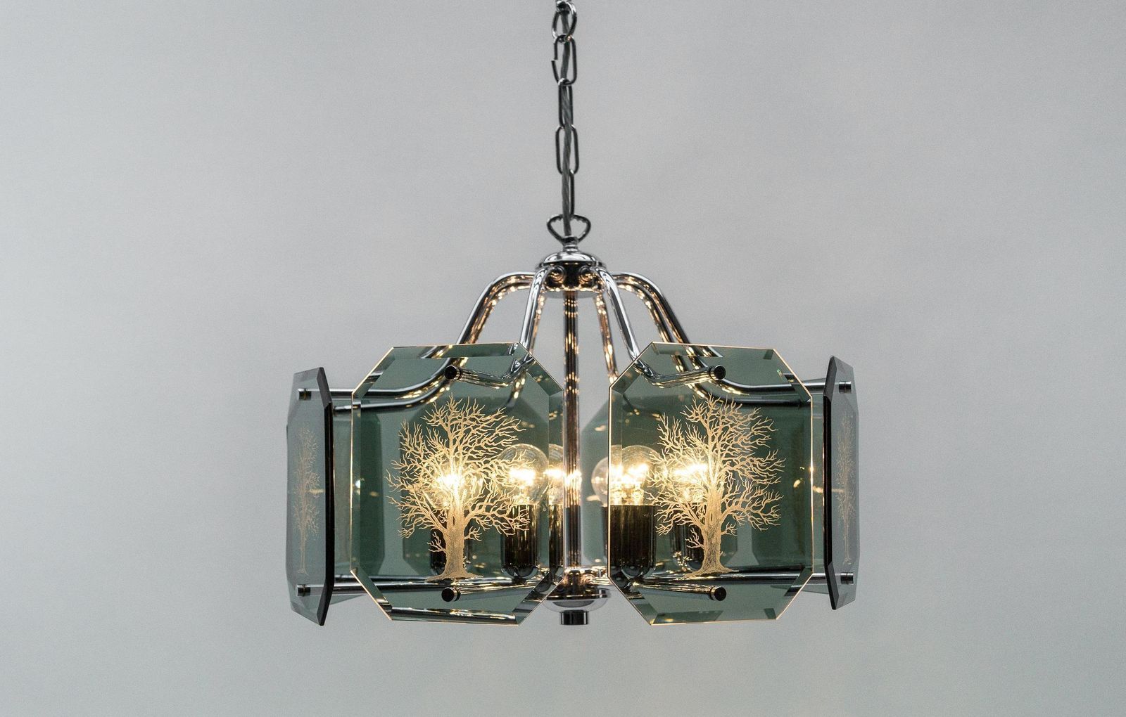 Chandelier In Chrome With 8 Cut Glass Panes With Tree Of Life Motif, 1960s photo vintage