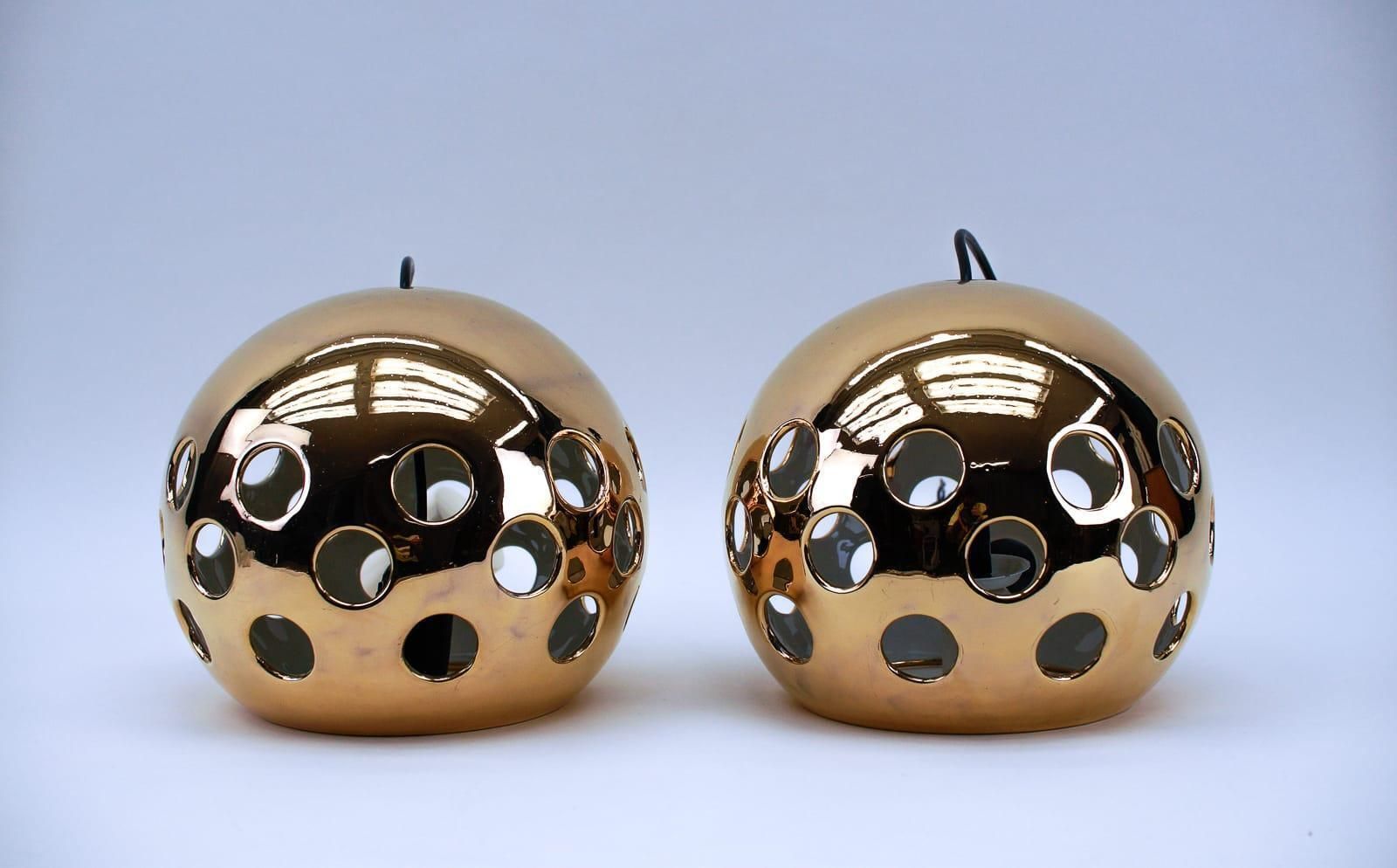 A Pair Of Very Rare Gold Glazed Ceramic Wall Lamps, 1960s Italy photo furniture