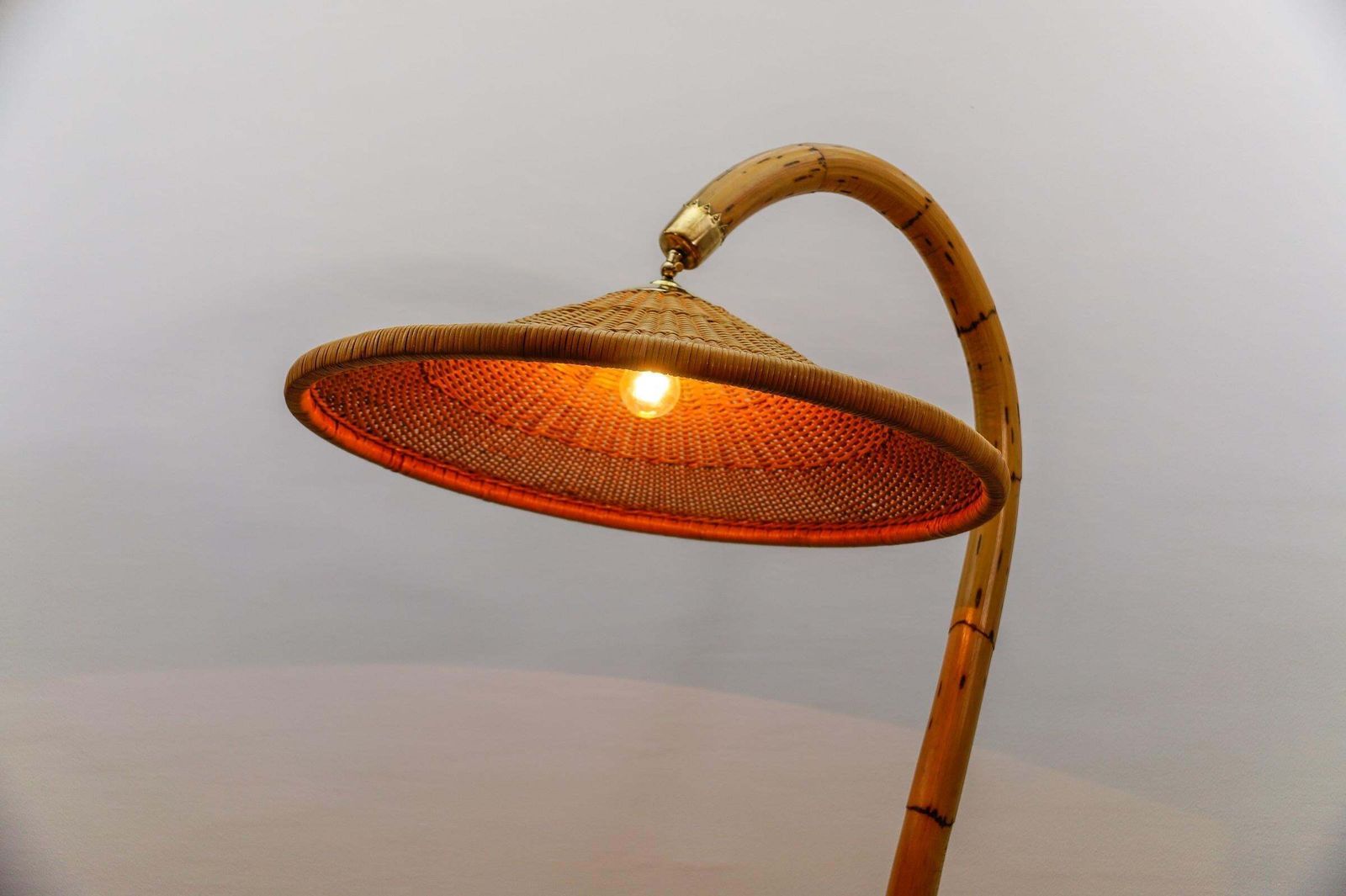 Lighting Huge Mid Century Modern Bamboo, Brass & Rattan Arc Floor Lamp, Italy 1950s photo