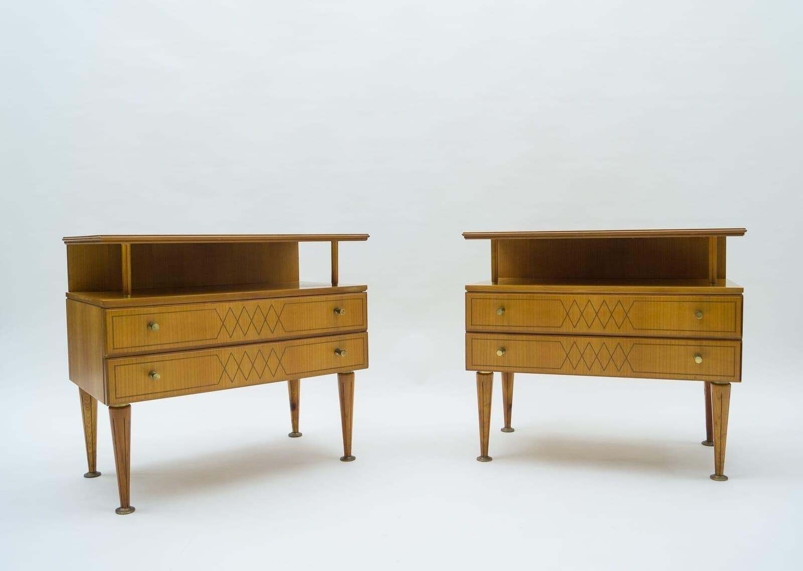Mid Century Modern Brass And Wood Nightstands, 1950s, Set Of 2 photo for sale