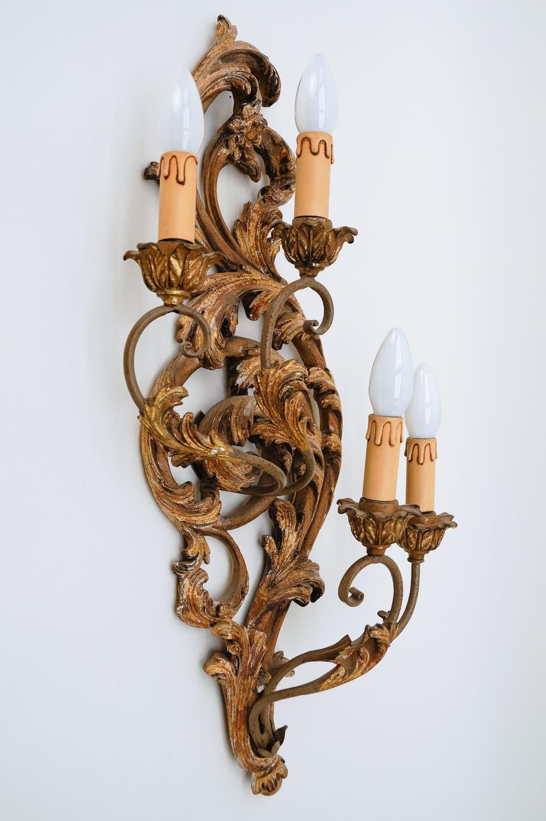 Large Antique Hand Carved Wooden Wall Lamp, 1950s Italy photo for sale
