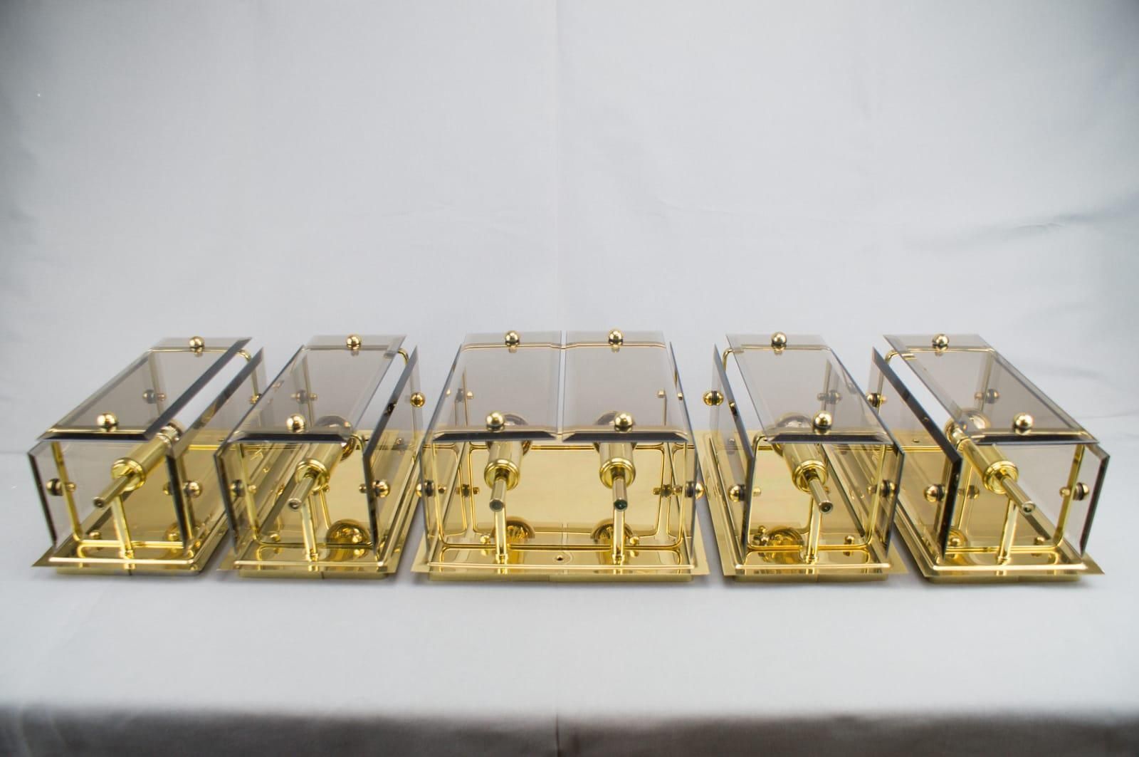 Set Of 5 Elegant Midcentury Brass And Smoked Glass Wall Lamps, Germany, 1960s photo furniture
