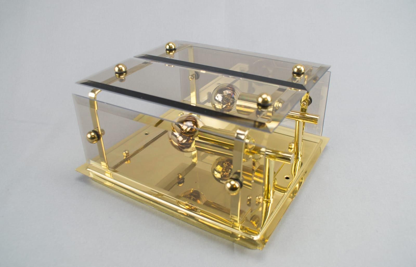 photo for sale Set Of 5 Elegant Midcentury Brass And Smoked Glass Wall Lamps, Germany, 1960s