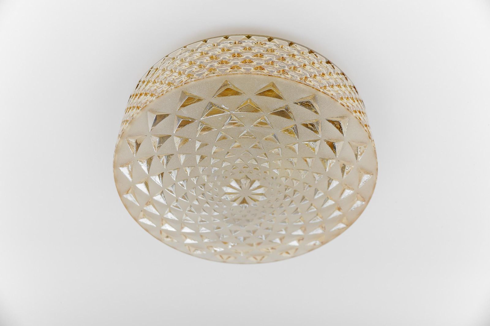 1 Of 2 Round Geometric Satin Amber Glass Flush Mount Light Or Wall Lamp, 1960s photo furniture