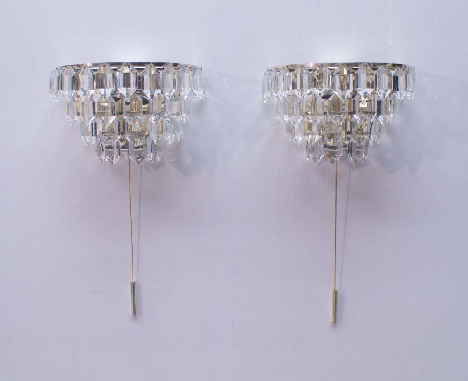 Pair Of Bakalowits Nickel Plated Crystal Chandelier Glass Wall Light, 1960s photo Lighting