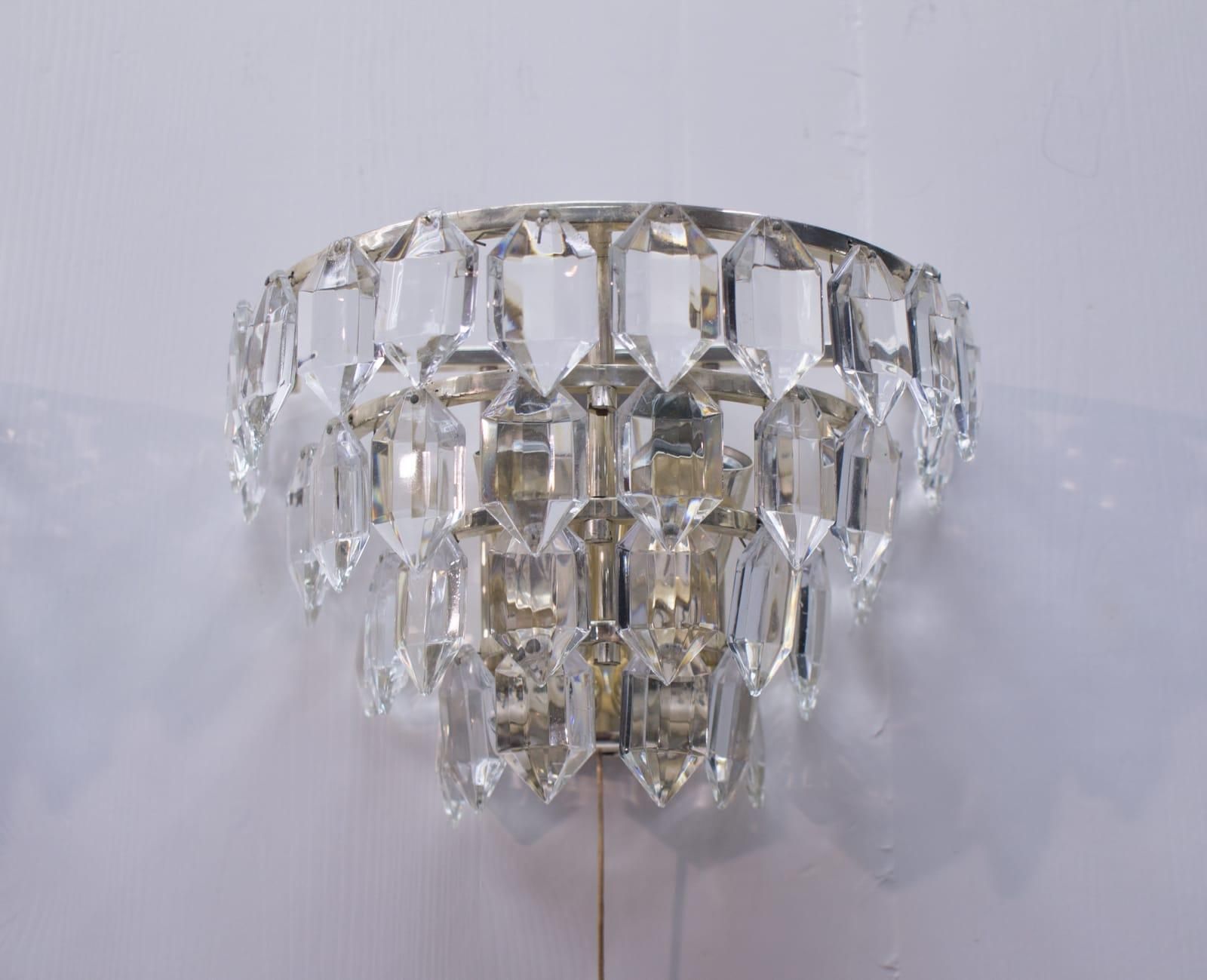 Pair Of Bakalowits Nickel Plated Crystal Chandelier Glass Wall Light, 1960s photo buy