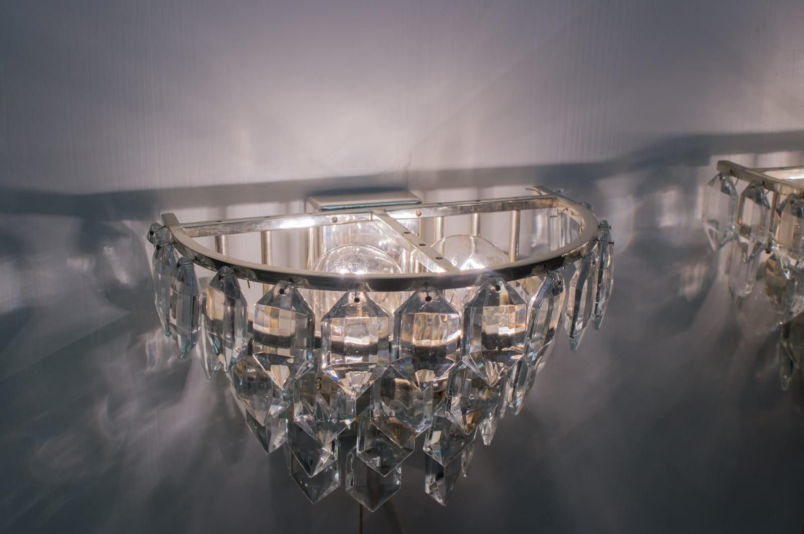 Pair Of Bakalowits Nickel Plated Crystal Chandelier Glass Wall Light, 1960s photo vintage