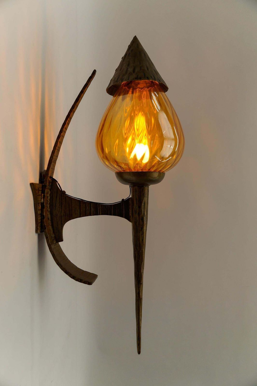Huge French Hand Forged Iron And Glass Wall Lamp, 1960s photo furniture
