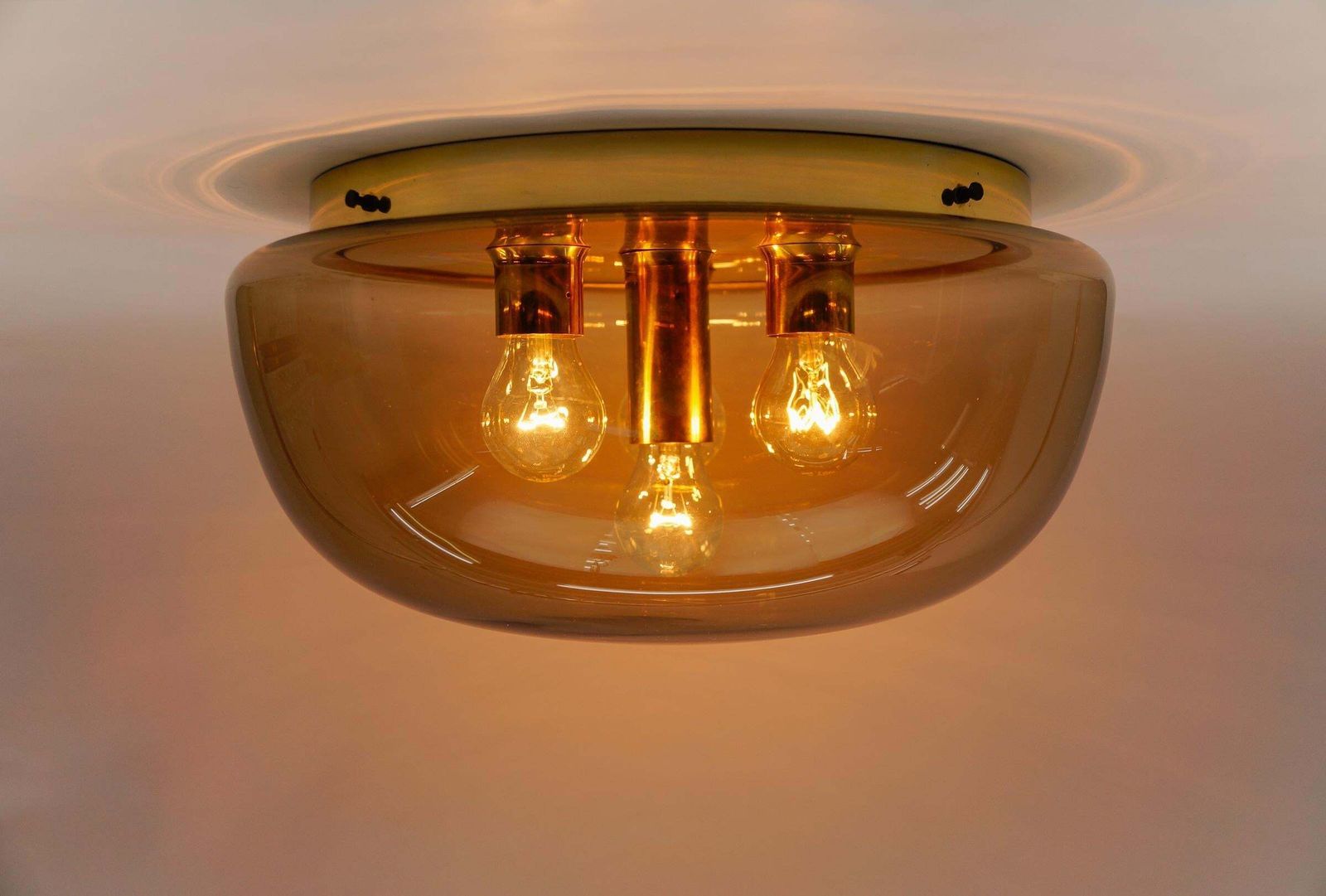 Huge Brass And Smoked Glass Flush Mount By Limburg, Germany 1960s photo Lighting