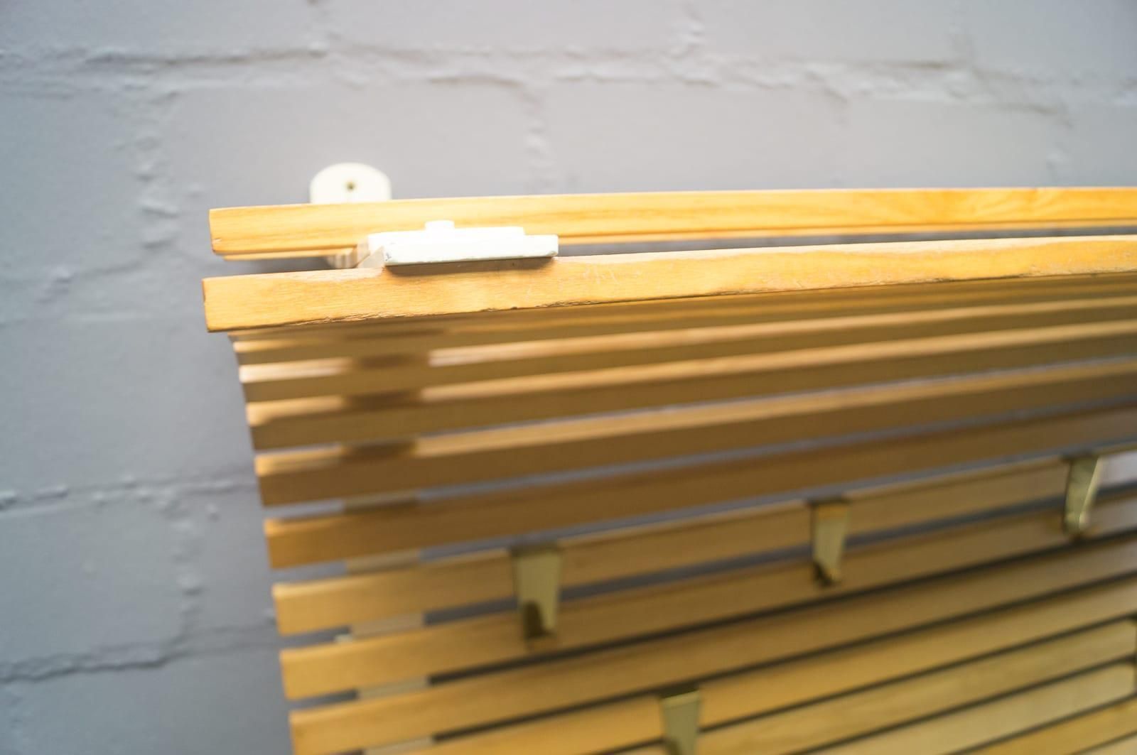 photo furniture Large Wooden Slats And Brass Hooks Wall Mounted Coat And Hat Rack, Austria 1950s