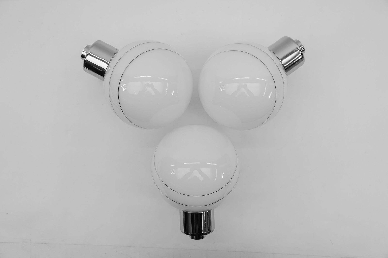 Set Of 3 Space Age Chrome Wall Lamps With Milk Glass Ball Shades, 1970s photo for sale