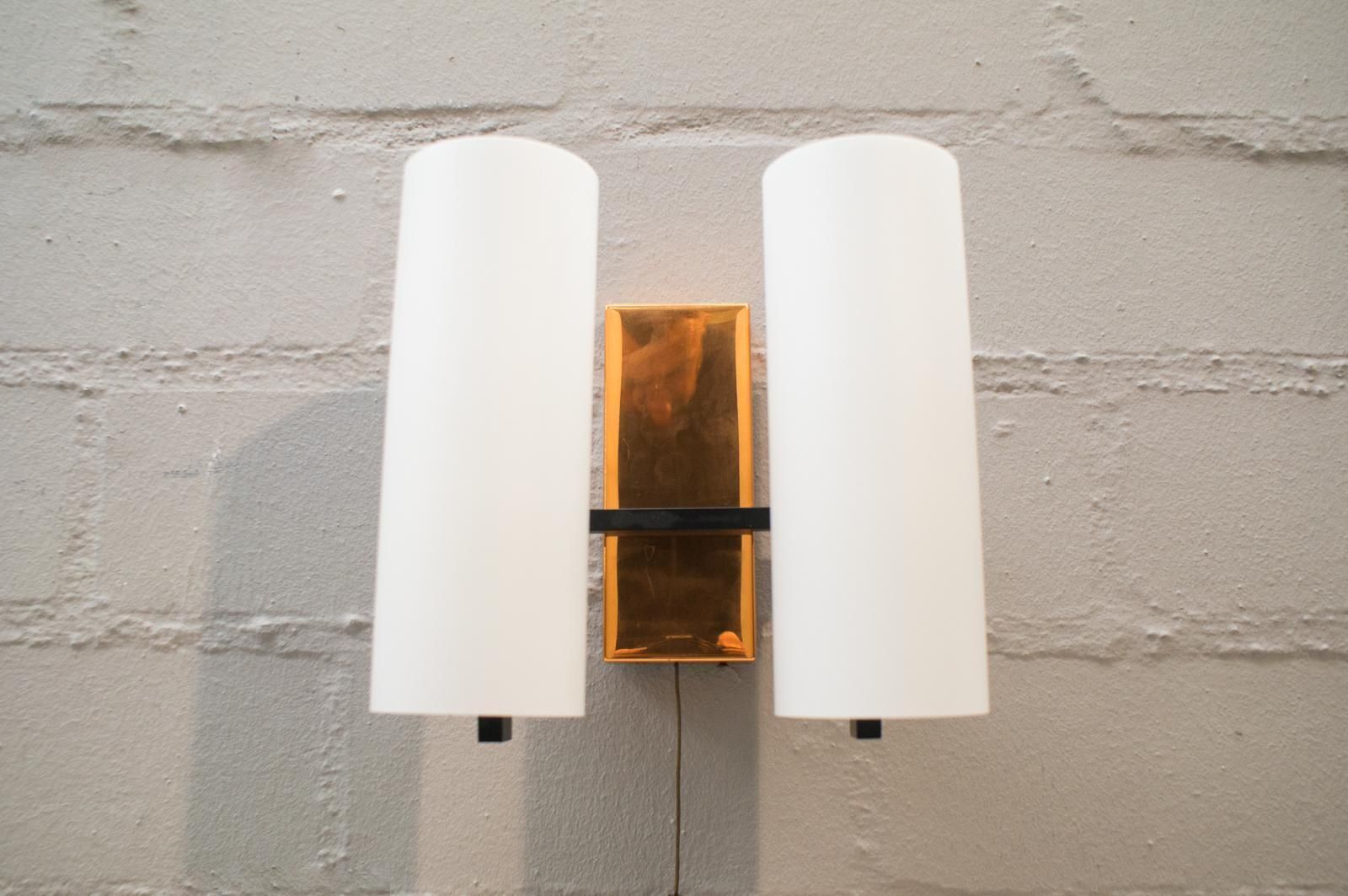 Pair Of Double Midcentury Copper And Milk Glass Tubes Wall Lamps, Austria, 1960s photo furniture