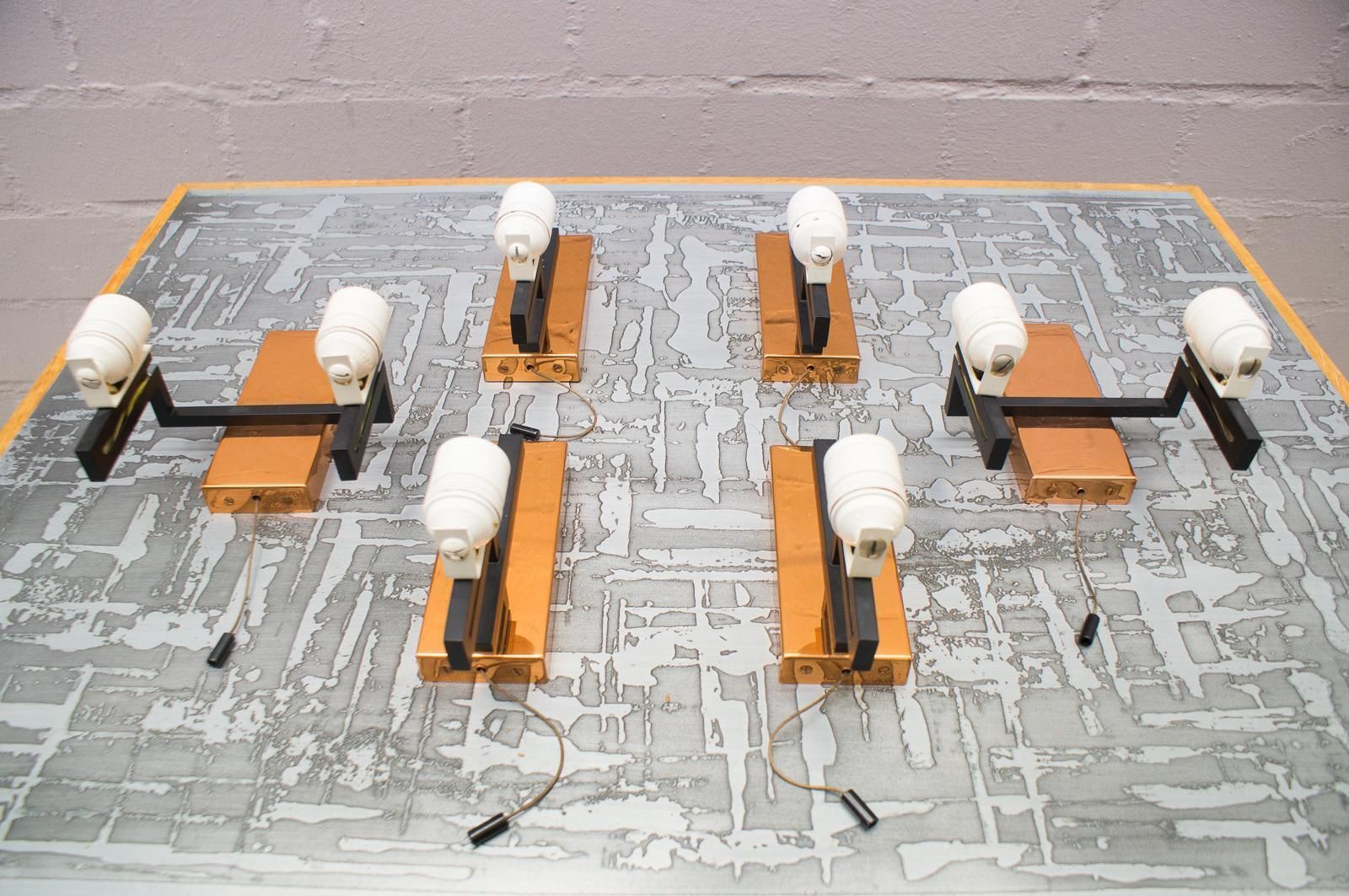 photo for sale Pair Of Double Midcentury Copper And Milk Glass Tubes Wall Lamps, Austria, 1960s