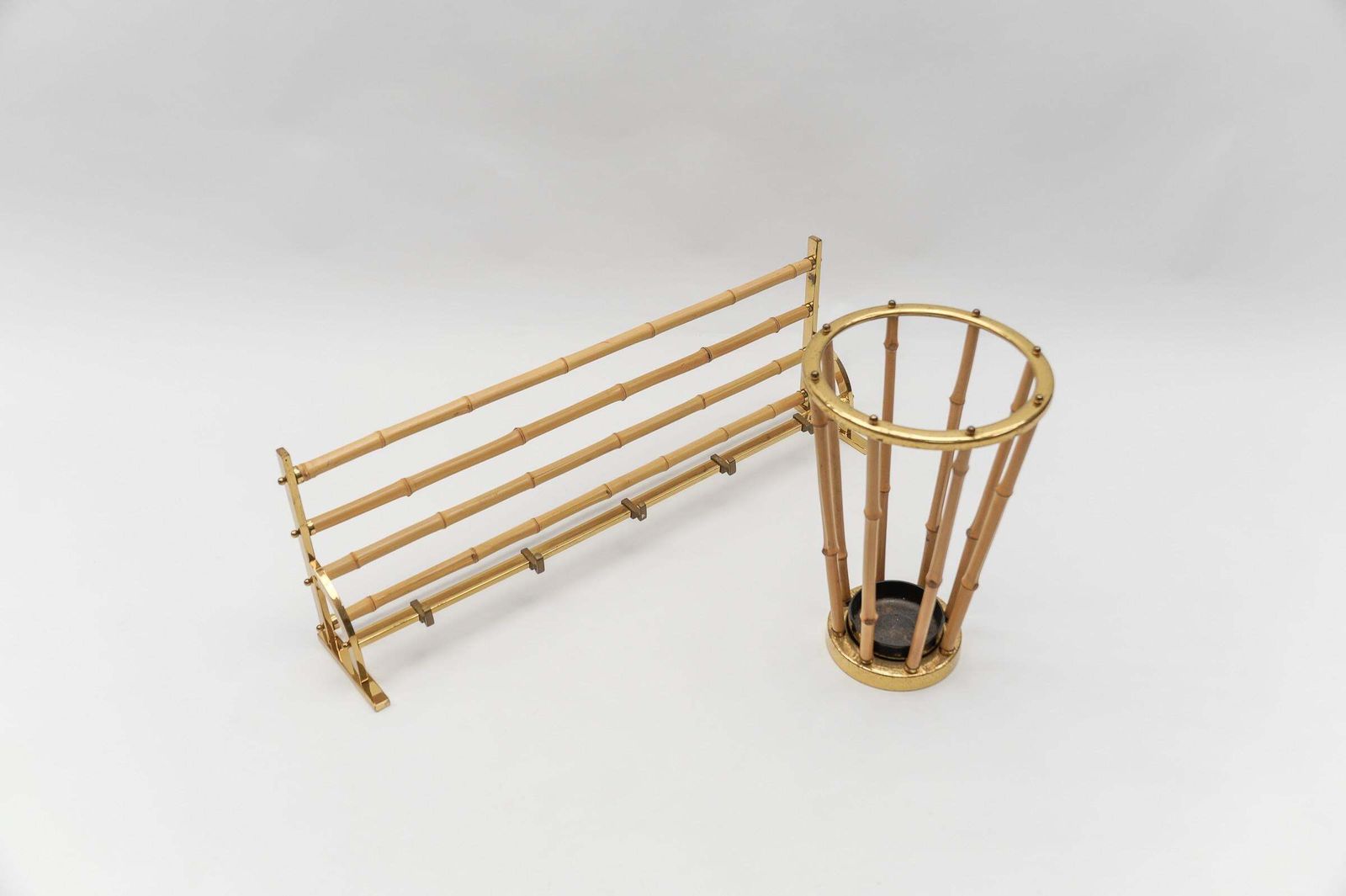 Rare Set Of Brass And Bamboo Coat Rack And Umbrella Stand, 1950 Italy photo for sale