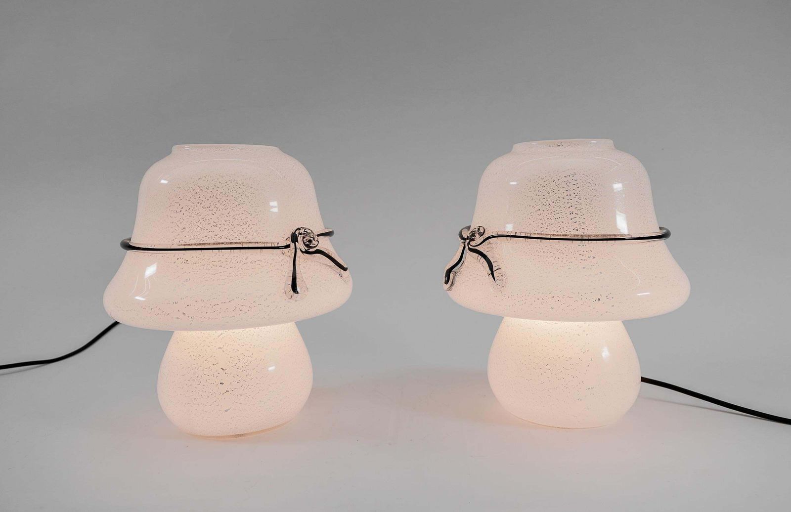 Pair Of Murano Mushroom Table Lamps With Enclosed Silver Platelets, 1960s photo Lighting
