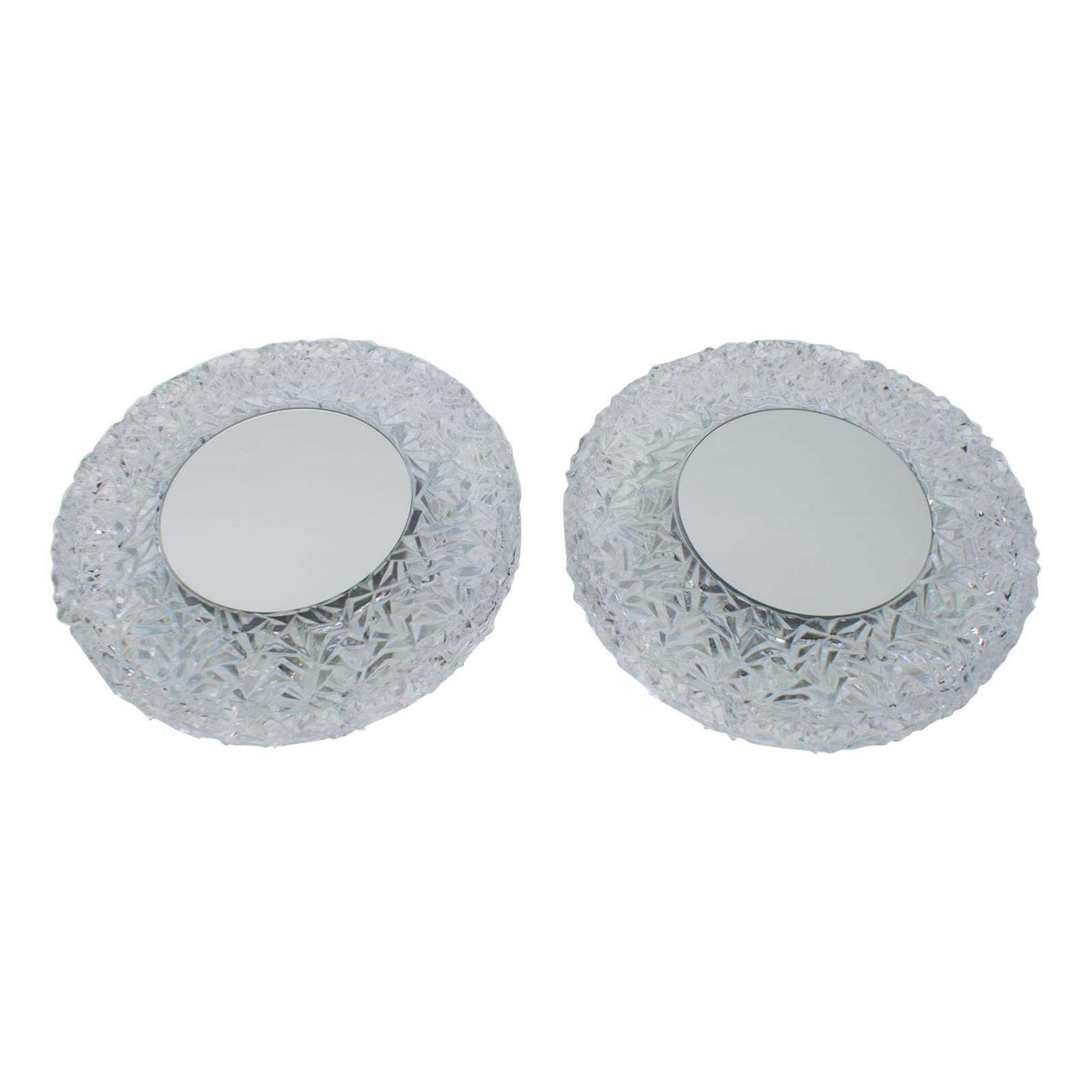 Set Of 2 Textured Glass And Mirror Ceiling Wall Flushmounts, Hillebrand, 1960s