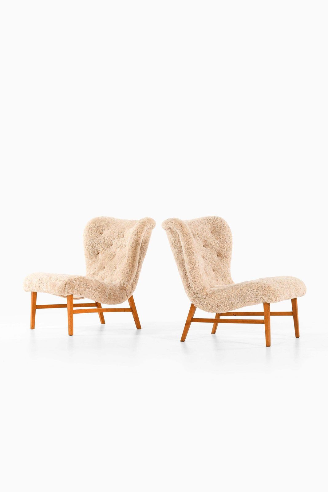 Easy Chairs In Beech & Reupholstered In Sheepskin By Erik Bertil Karlén, 1940's photo for sale