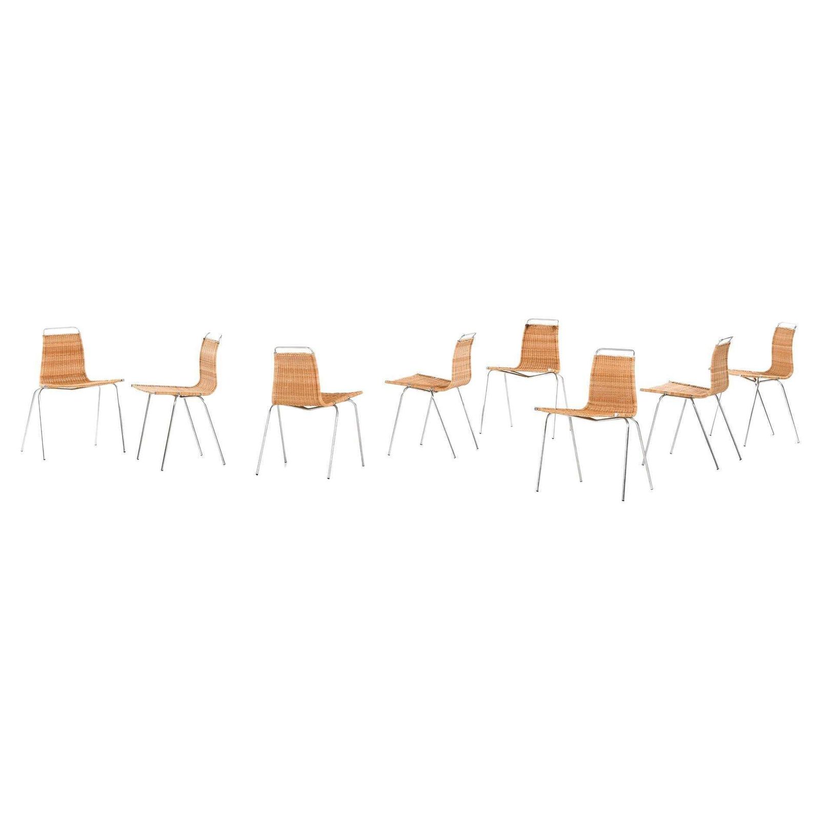 Set Of 8 Dining Chairs In Chromed Steel And Woven Cane By Poul Kjærholm, 1950's