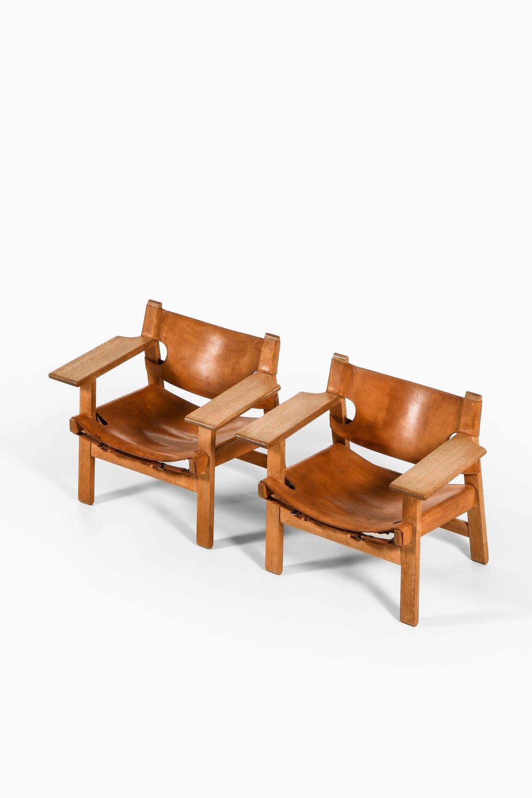 Pair Of Easy Chairs In Oak And Cognac Brown Leather By Børge Mogensen, 1950's photo for sale