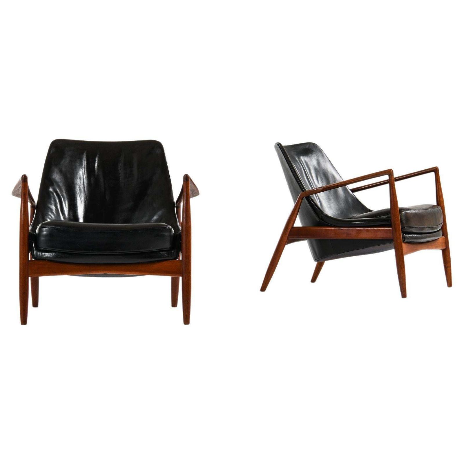 Pair Of Easy Chairs In Teak And Original Black Leather By Ib Kofod Larsen