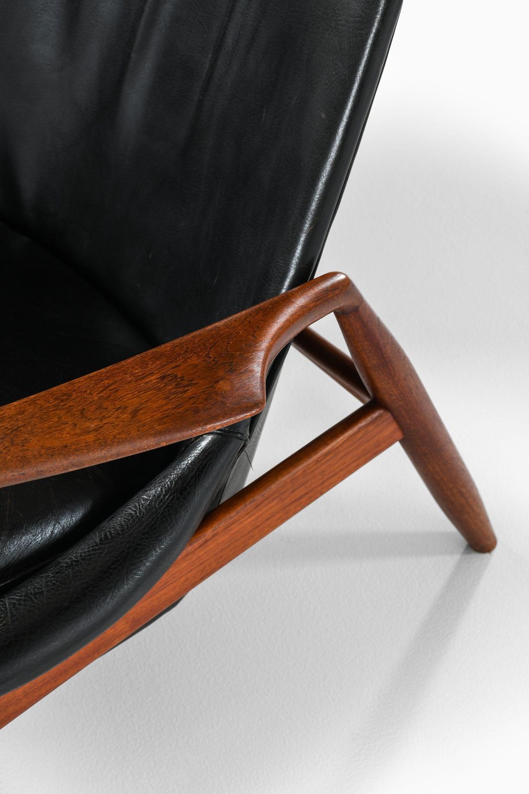 photo for sale Pair Of Easy Chairs In Teak And Original Black Leather By Ib Kofod Larsen