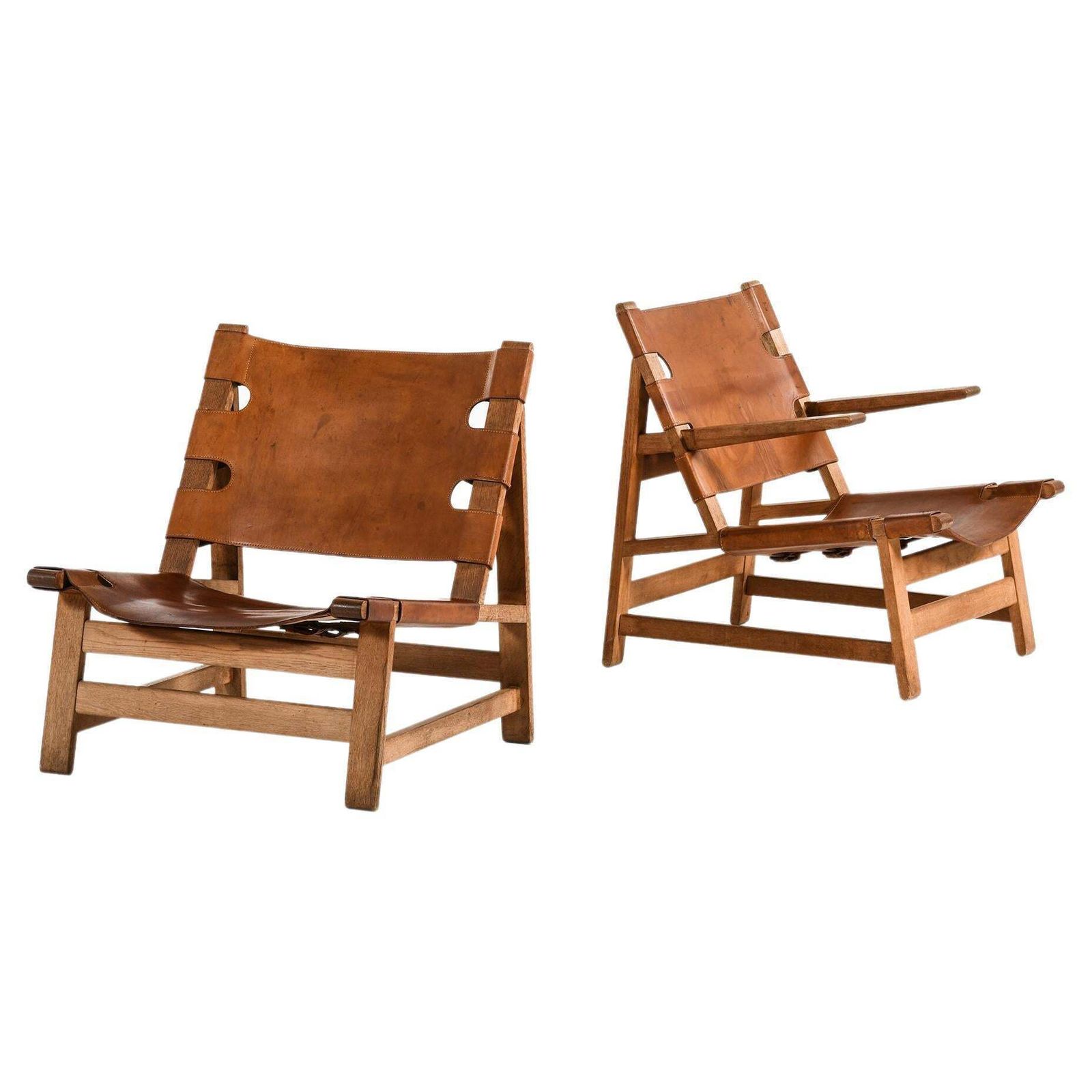 Pair Of Easy Chairs In Oak And Natural Grain Leather By Børge Mogensen, 1960's