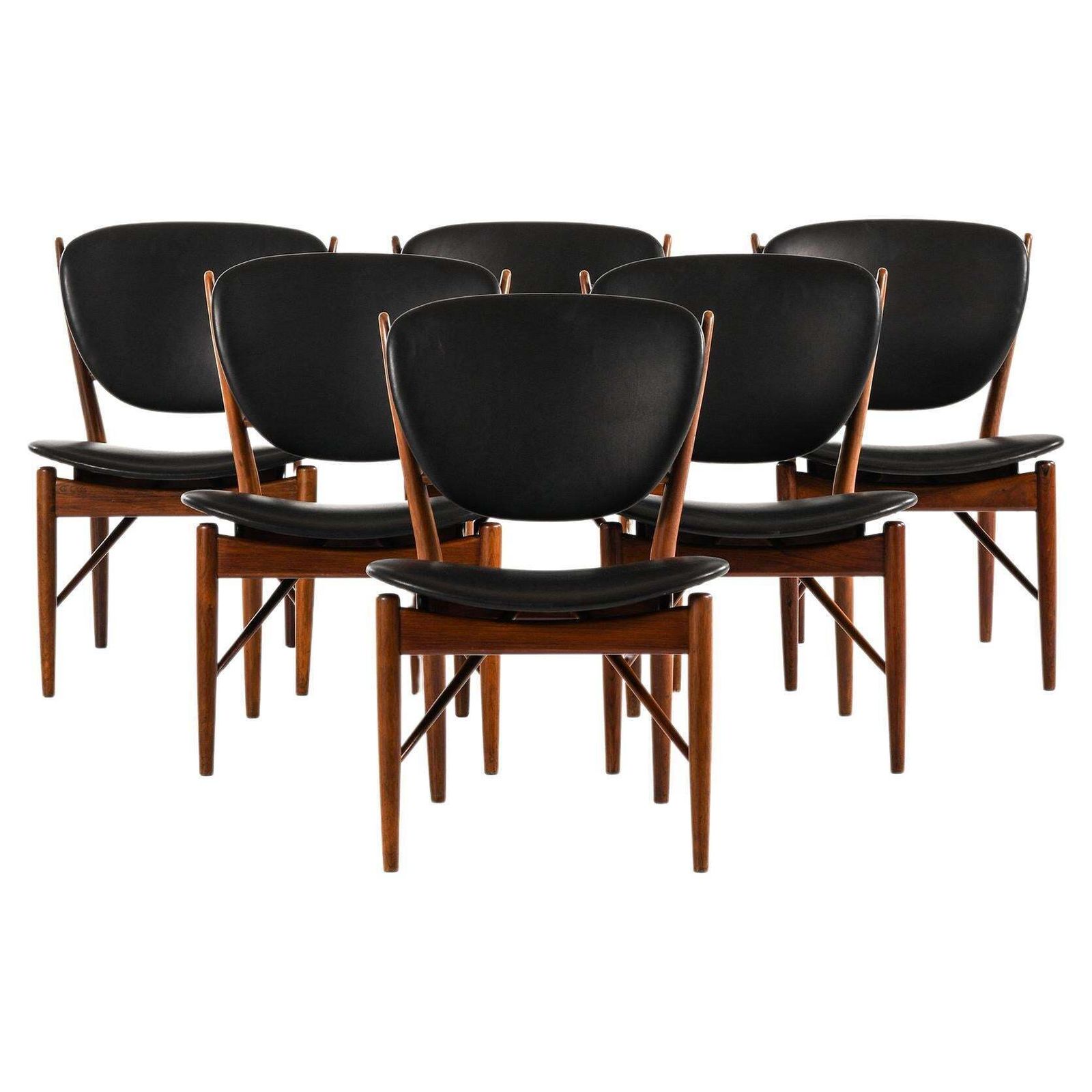 Dining Chairs In Rosewood And Black Leather By Finn Juhl, 1951