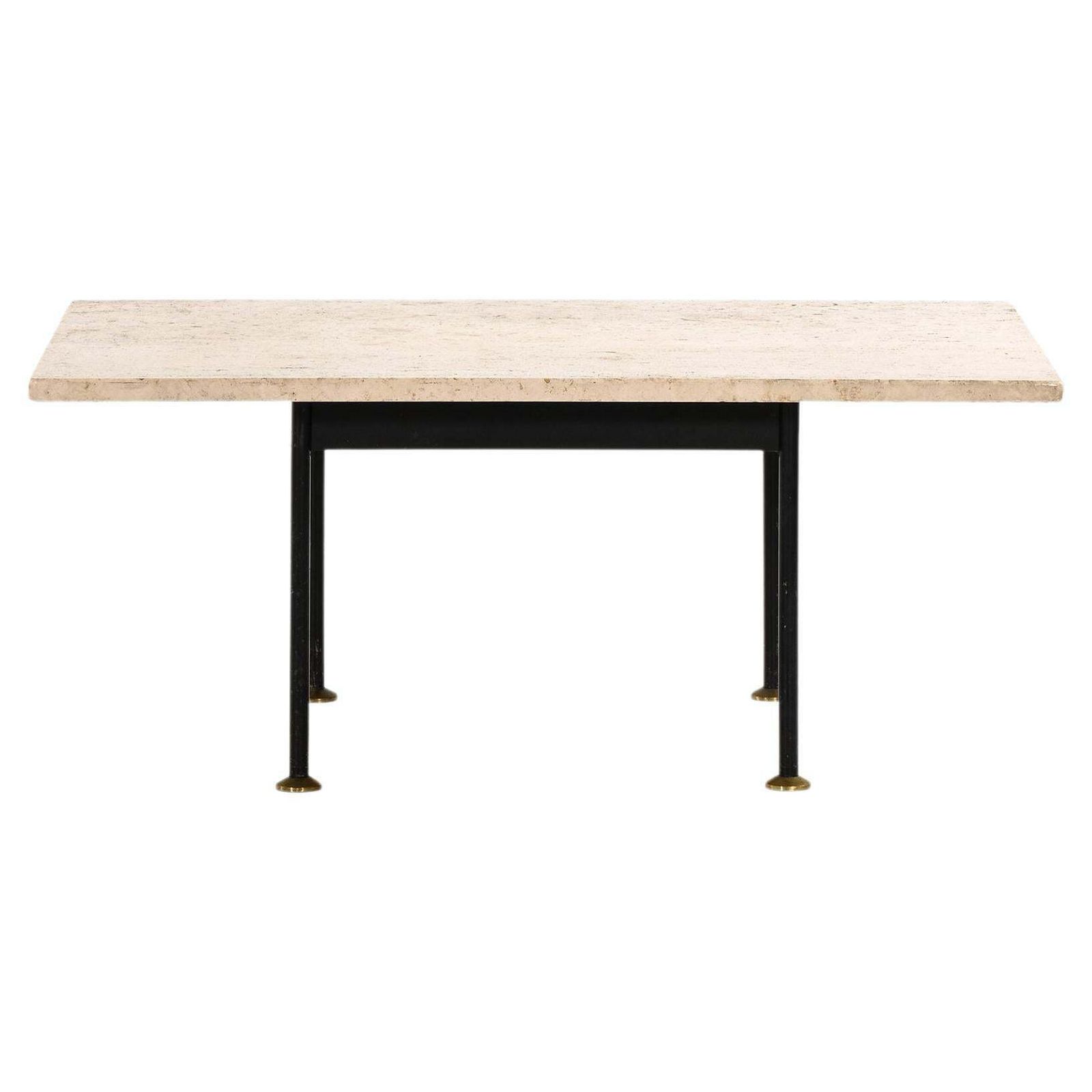 Coffee Table In Black Lacquered Metal, Brass And Travertine, 1960's