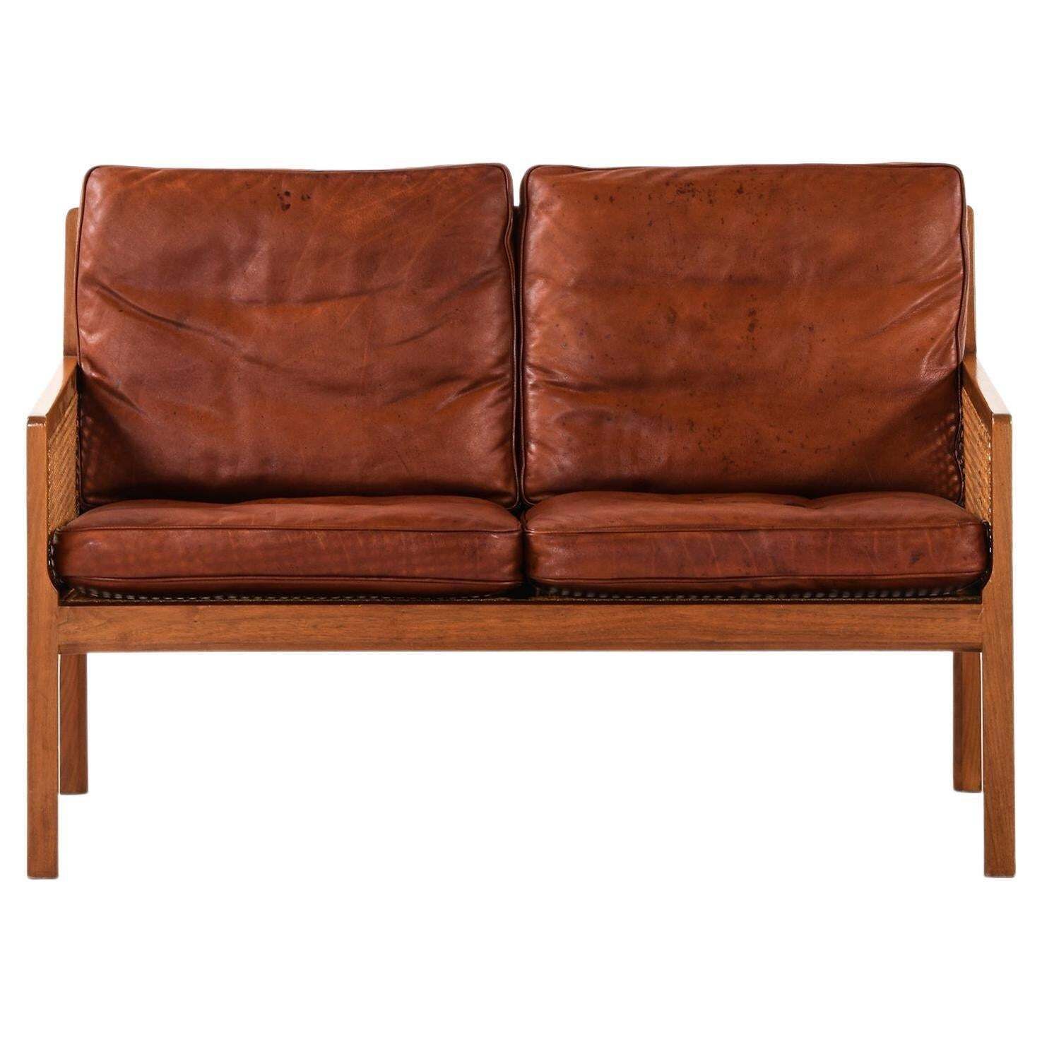Sofa In Walnut, Cane And Original Leather By Bernt Petersen, 1964