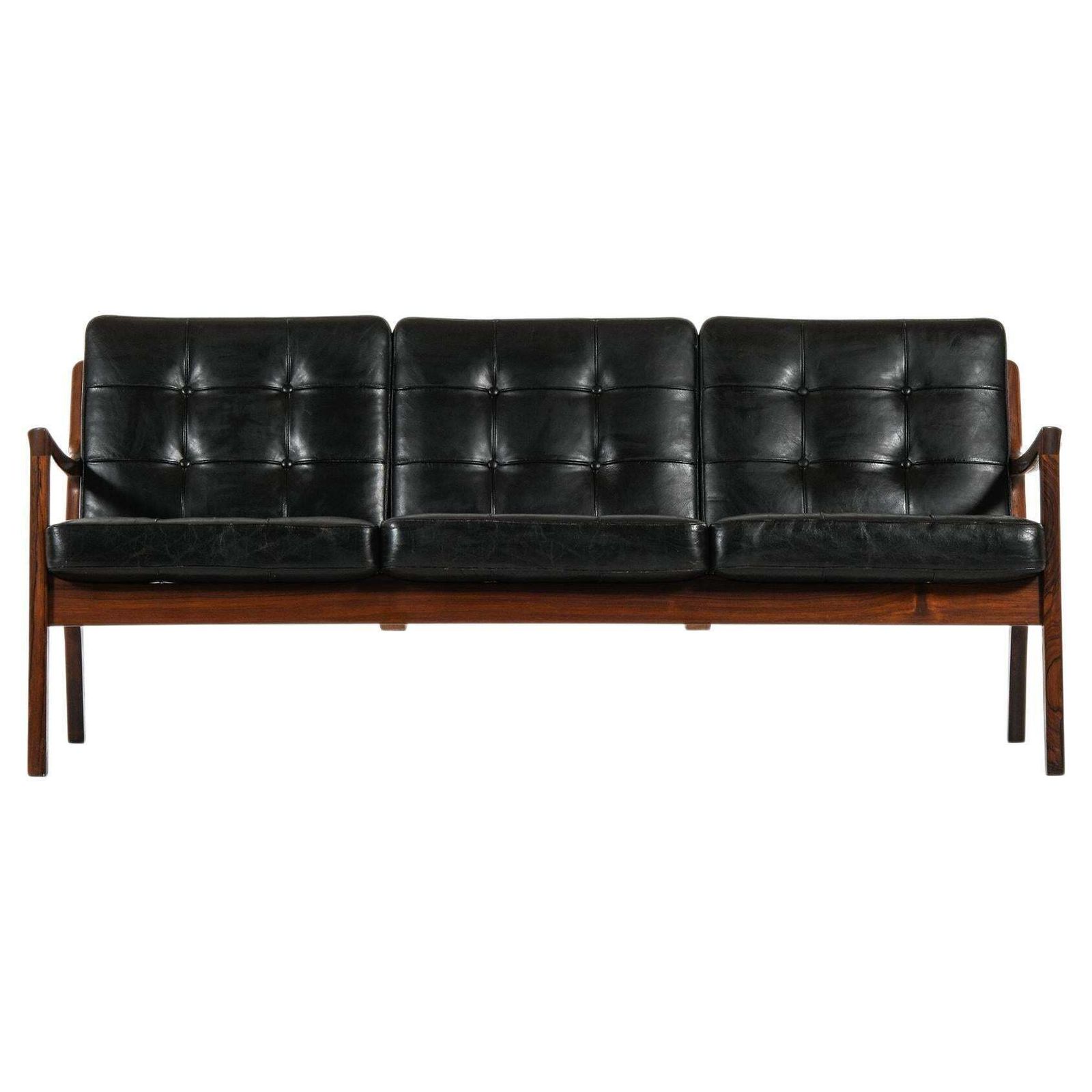 Sofa In Rosewood And Original Black Leather By Ole Wanscher, 1951