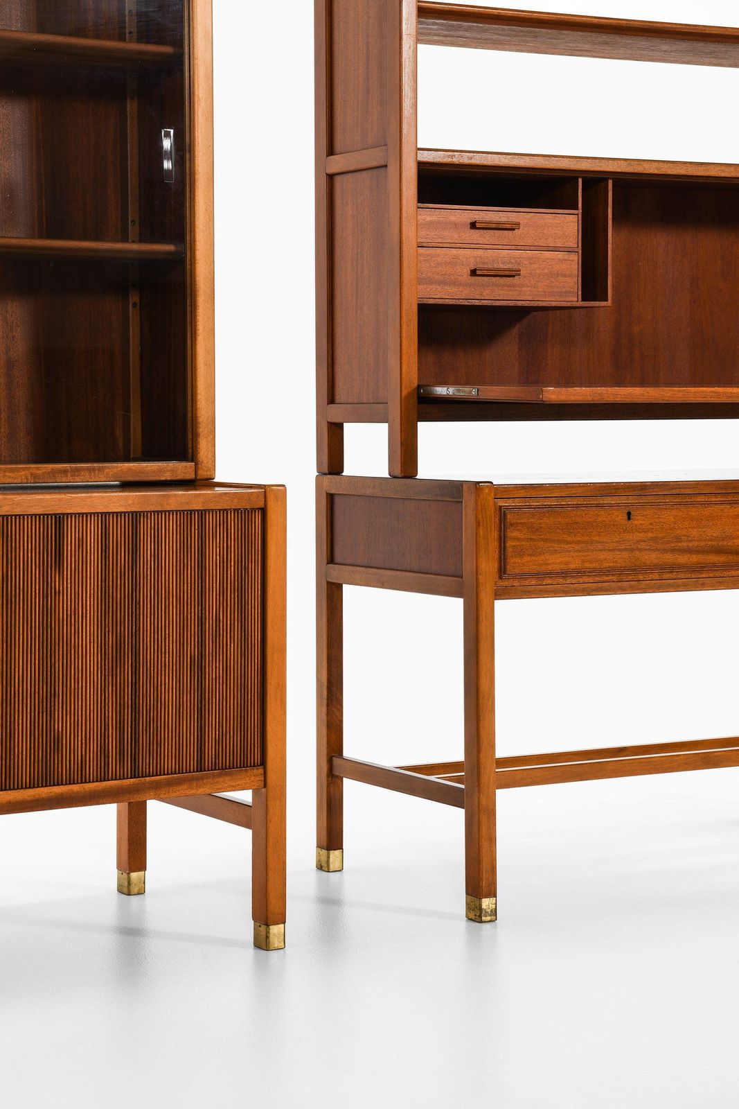 Pair Of Cabinets In Walnut, Brass And Glass By Carl Axel Acking, 1950's photo Furniture