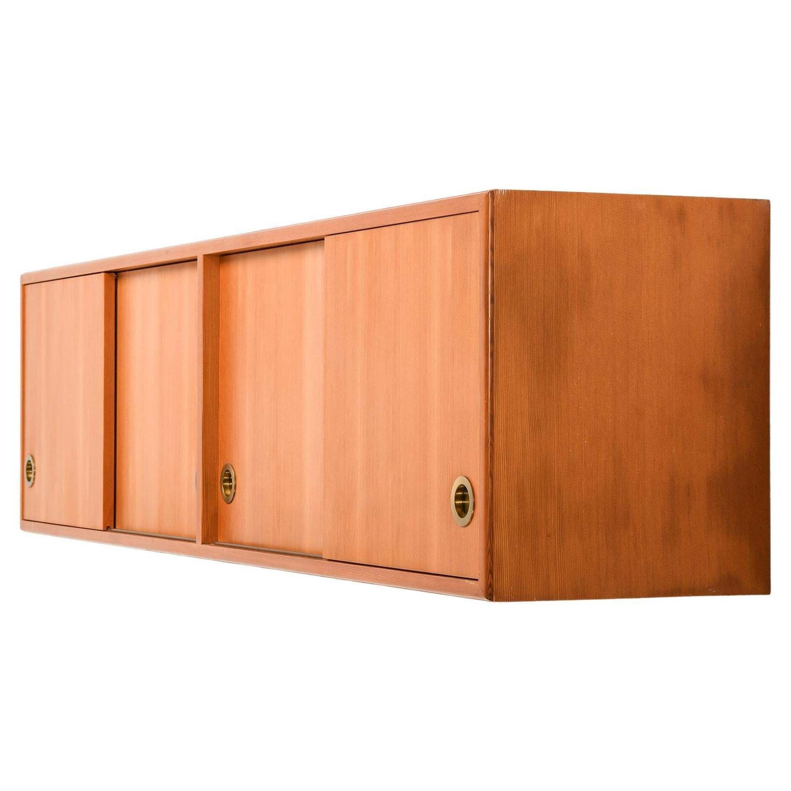 Rare Mid Century Danish Wall Mounted Sideboard In Oregon Pine And Brass, 1950's