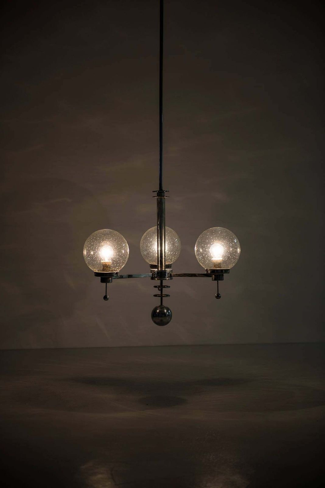 Pair Of Big Art Deco Ceiling Lamps Chandelier In Chromed Steel Glass Bowls photo for sale