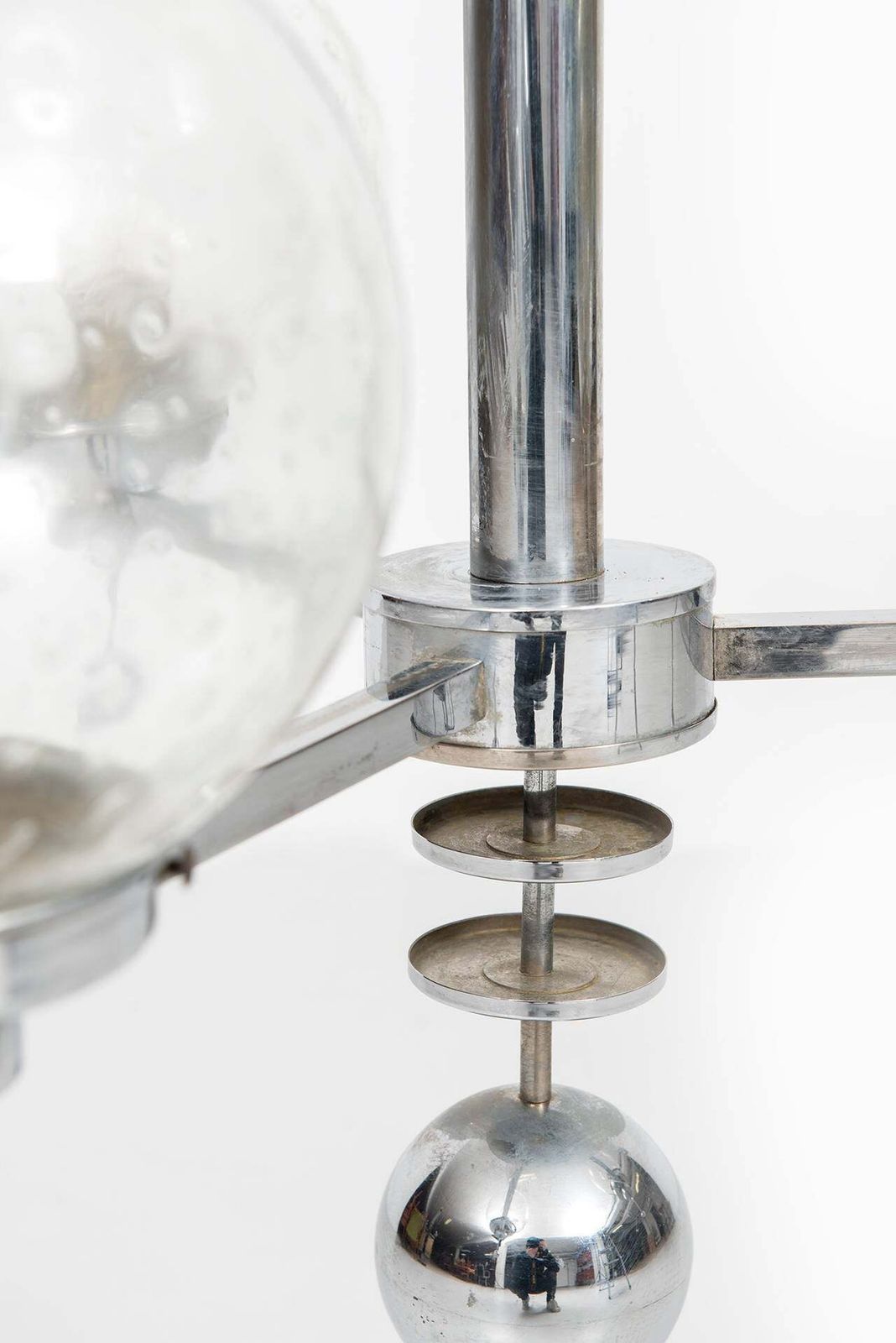 Pair Of Big Art Deco Ceiling Lamps Chandelier In Chromed Steel Glass Bowls photo buy