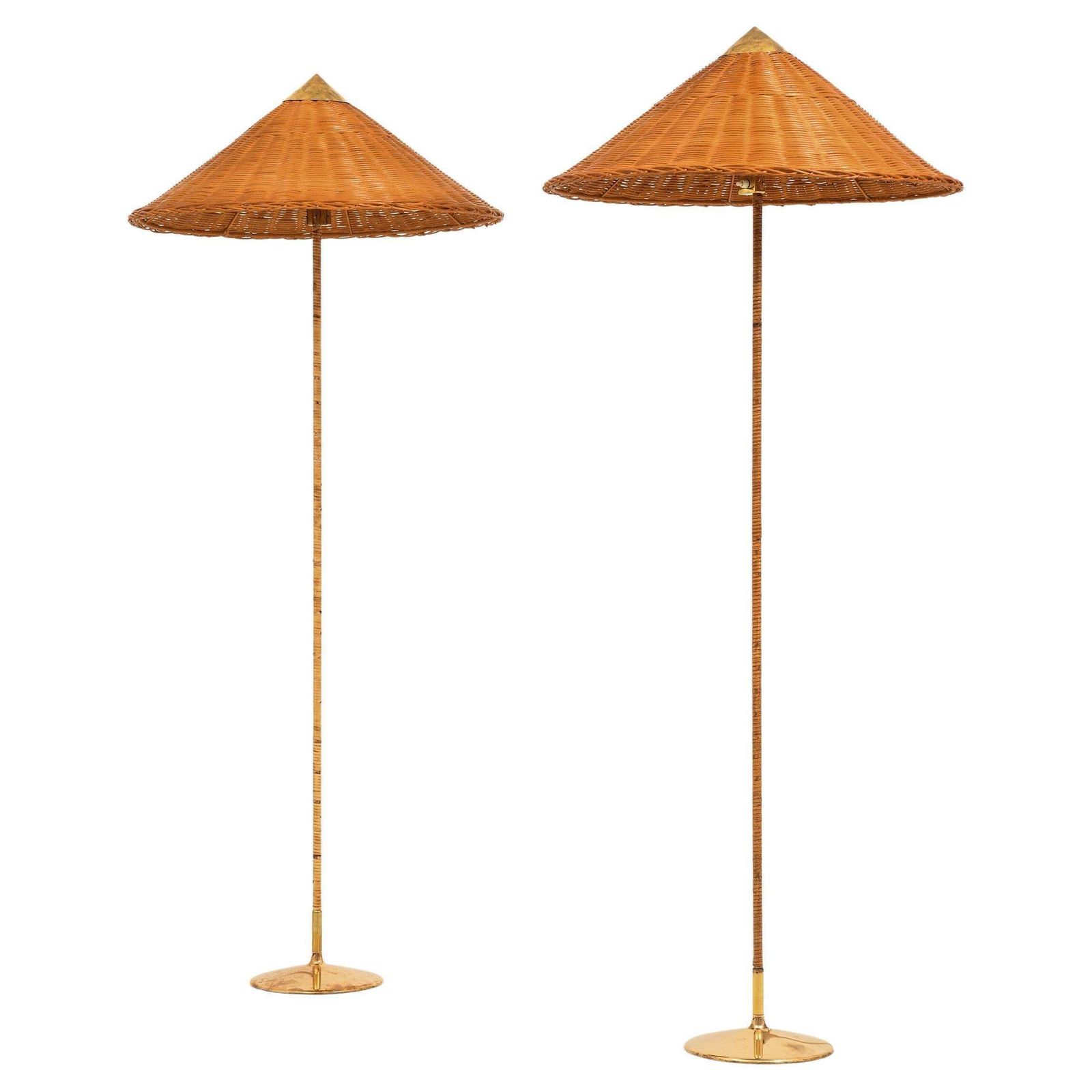 Pair Of Floor Lamps In Brass, Cane And Rattan Shades By Paavo Tynell, 1950's
