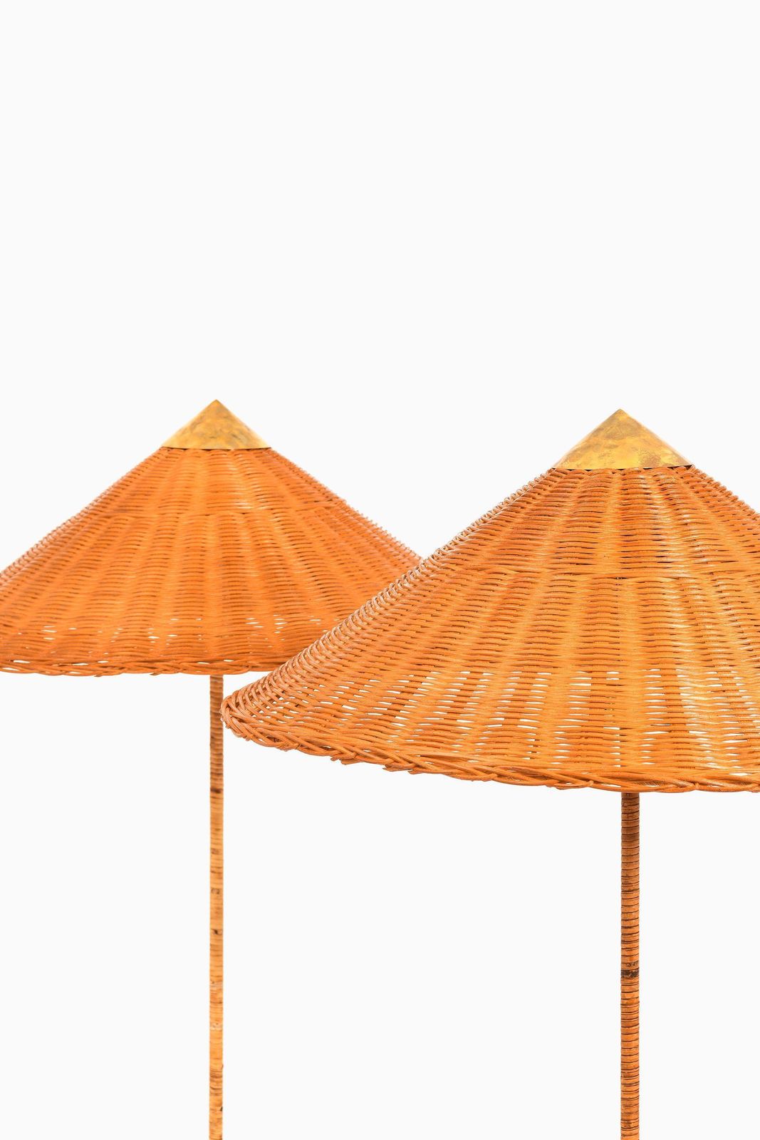 Pair Of Floor Lamps In Brass, Cane And Rattan Shades By Paavo Tynell, 1950's photo furniture
